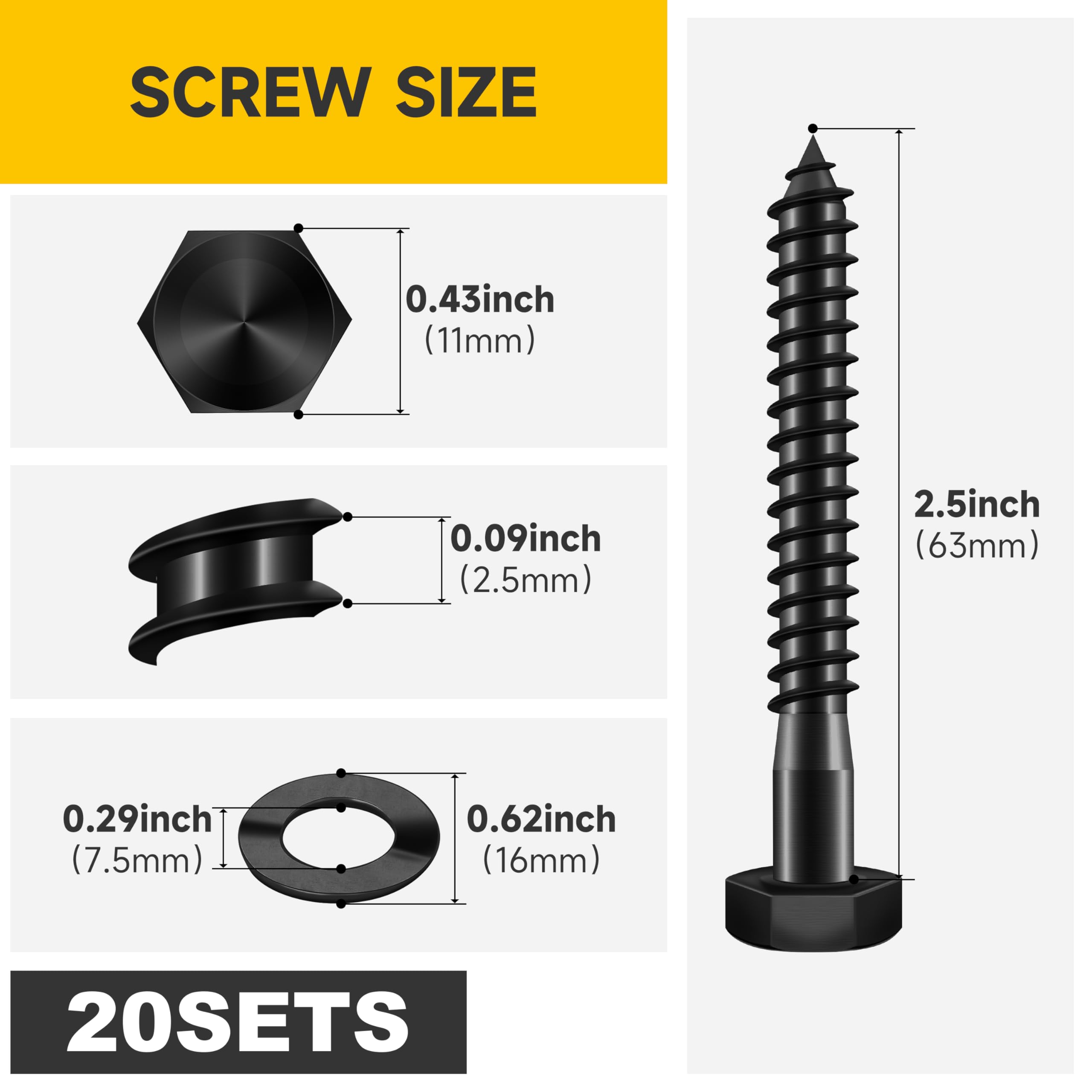 Stainless Steel Lag Screws - 20 Sets, Heavy Duty -3