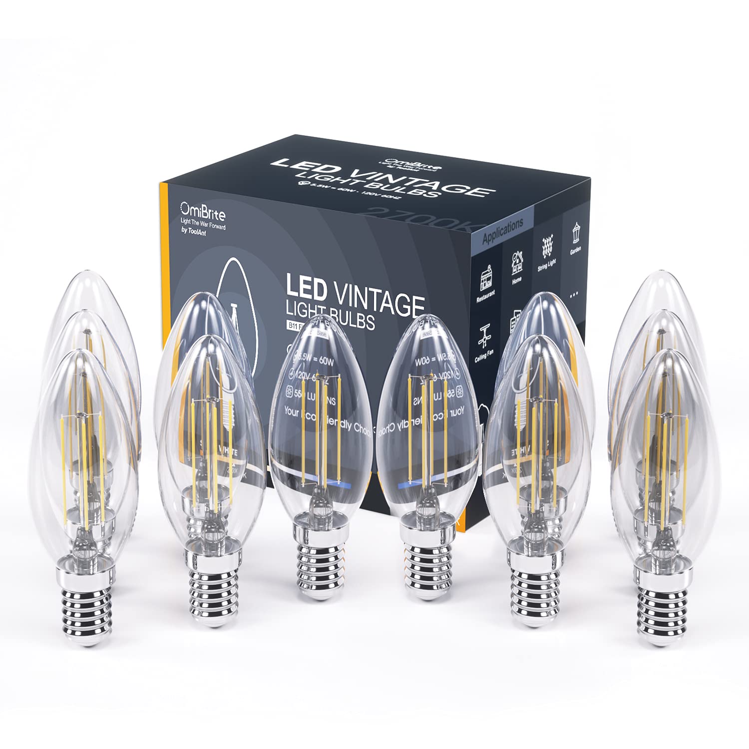 E12 LED Chandelier Light Bulbs, Dimmable, 60 Watt Equivalent, 2700K Warm White, 550Lumens, 5.5W B11 Candelabra Base Candle Bulbs, CRI 90+, 12/Pack, UL-Listed