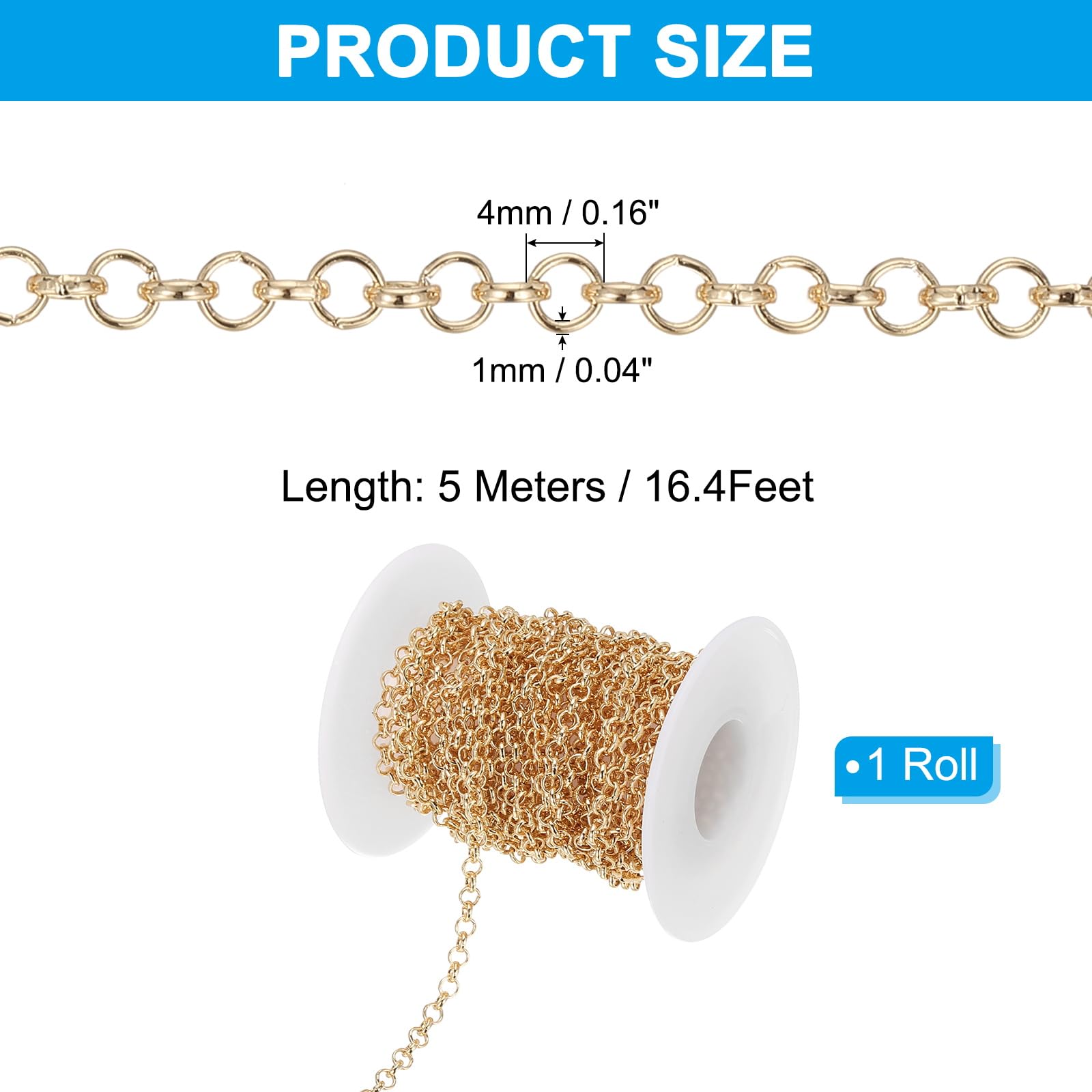 PATIKIL 16,4ft Catena Maglia Circolare, Rotolo Catena 4mm Catena Maglie per Gioielli, Bobina Maglie Metallo, Catene per Collane, Accessori, Collana, Braccialetto, Orecchino, Rame Oro