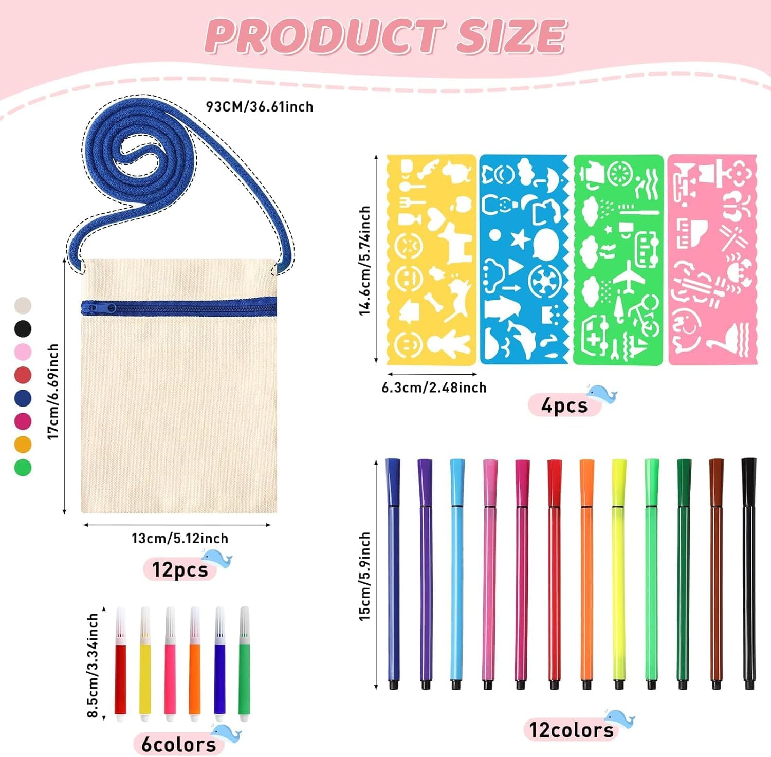 12 Sacs à Bandoulière, 17 x 13 cm Sac en Tissu Bricolage avec 4 Pochoirs, 12 et 6 Stylos de Couleur pour Bricolage, Anniversaire, Fête, École, Cadeau, Beige