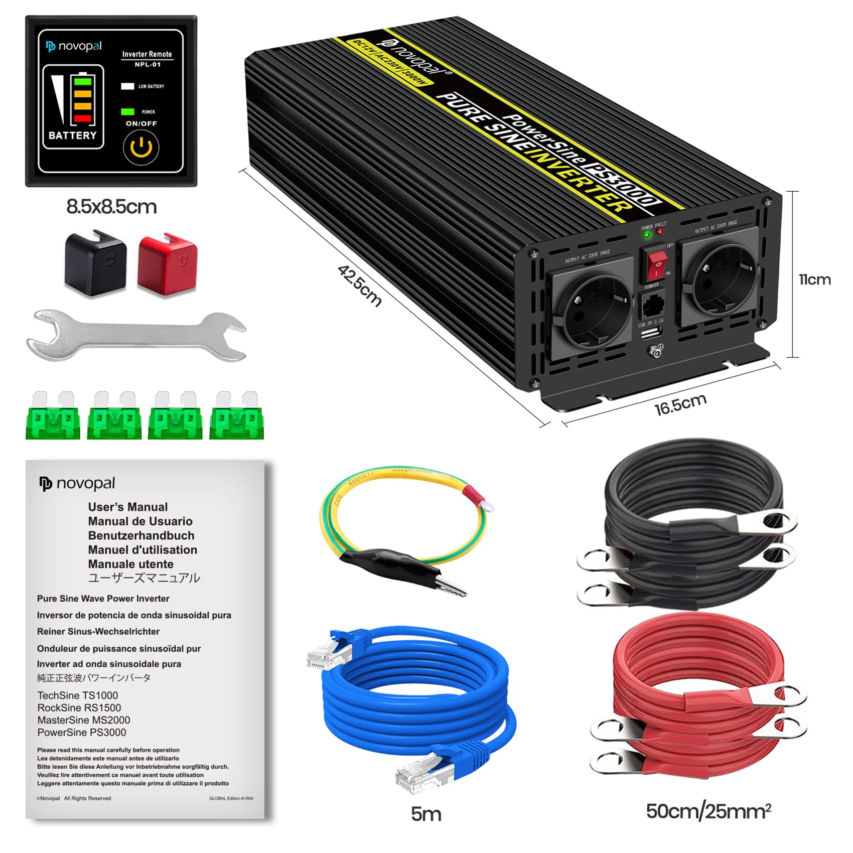 NOVOPAL 3000W/6000W Inversor 12V 220V Onda Pura Convertidor | 5M Mando a Distancia, 2.4A Puertos USB, 2EU AC para Camión, Coche, Caravana,Barco,Camping,Viajes