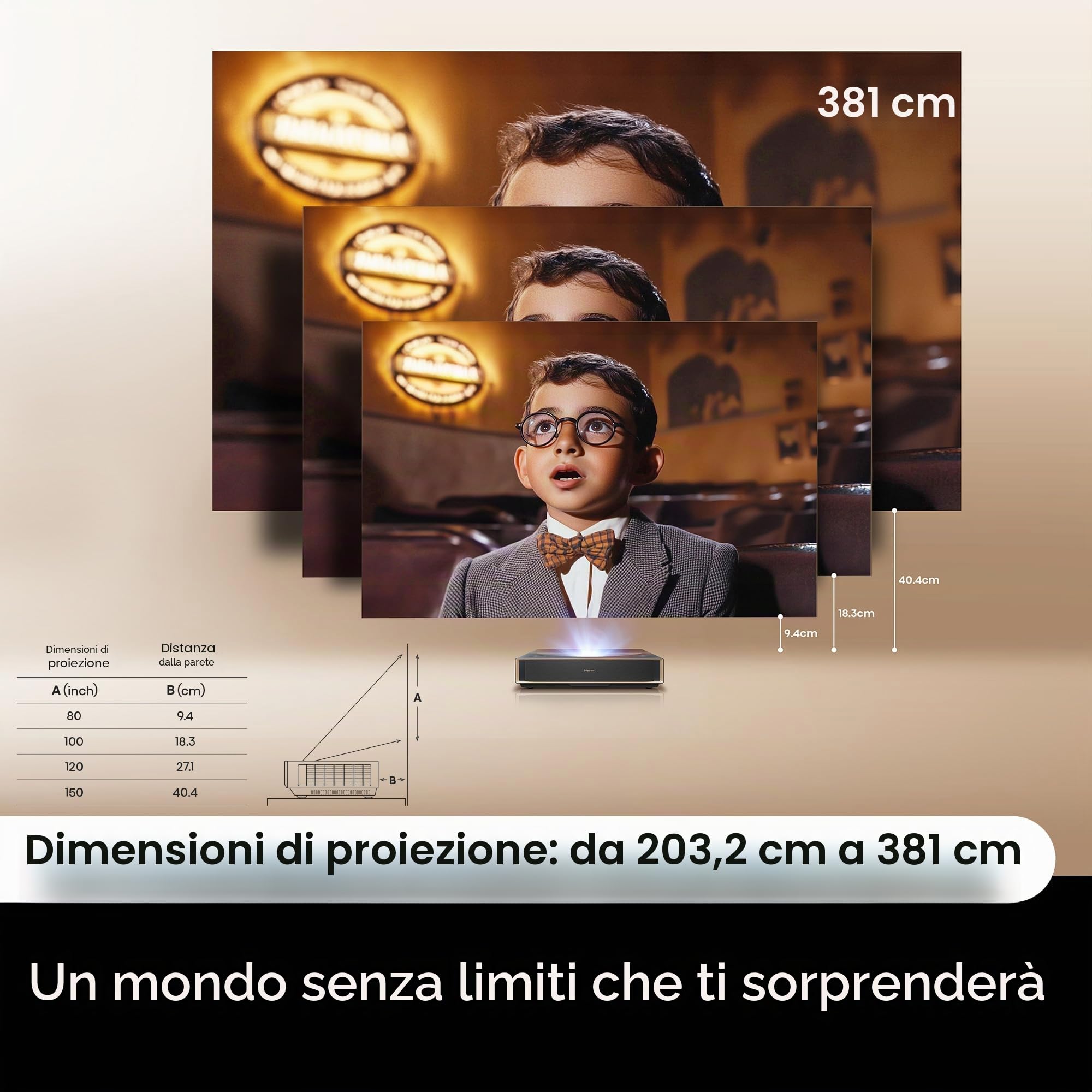 Hisense Laser Cinema PT1, dimensione di proiezione 80''-150", LPU Tech,4K, IMAX Enhanced, Dolby Vision · Atmos,HDR10+,2500 lumen, Ultra Short Throw, 3D, 240Hz Frequenza di ripetizione, VIDAA, senza