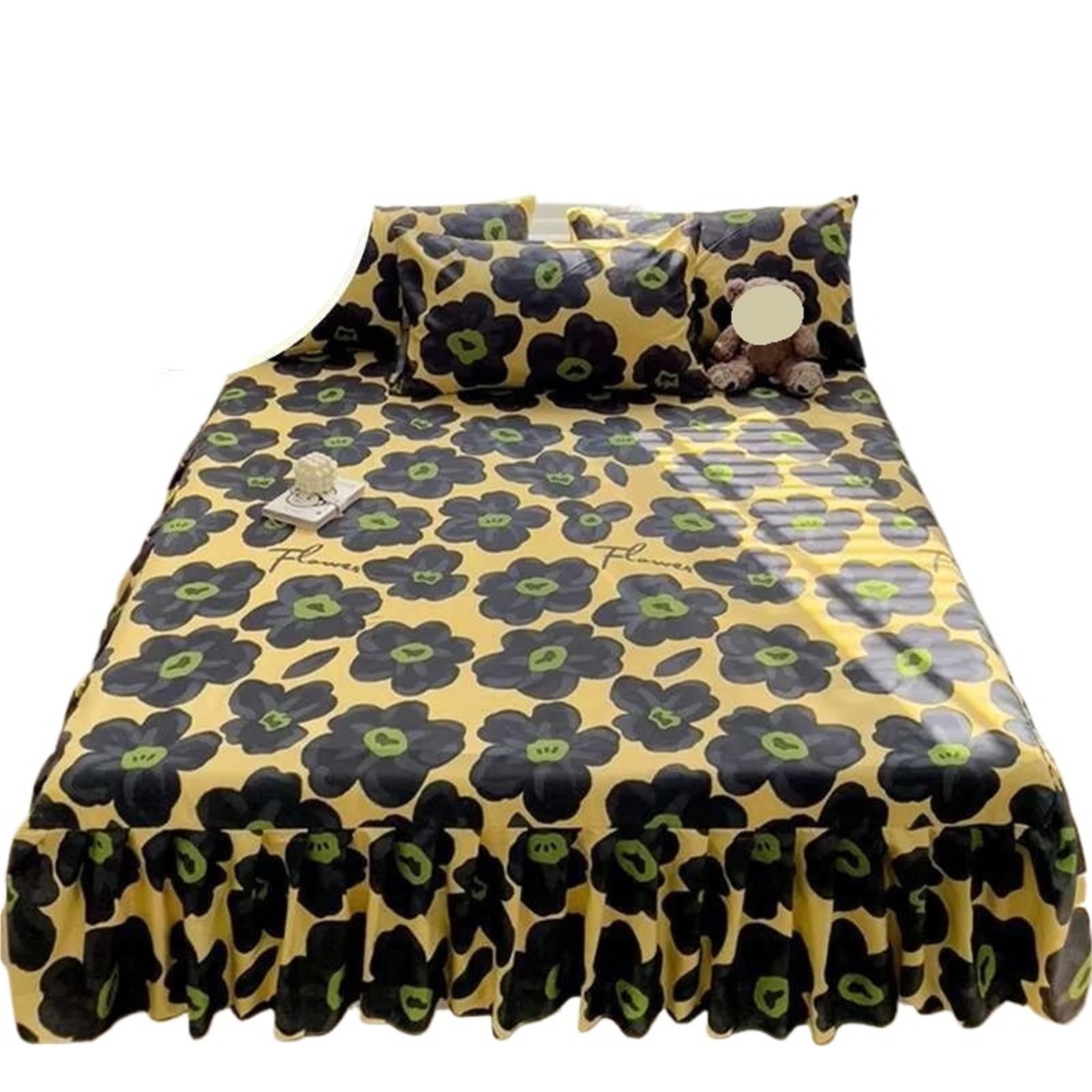 Bed Skirt Floral Bed Skirt - Printed Brushed, Ruffled Non-Slip Bedspread With Pillowcase (Queen/King)(Color 9,180x200cm 3pcs Set)