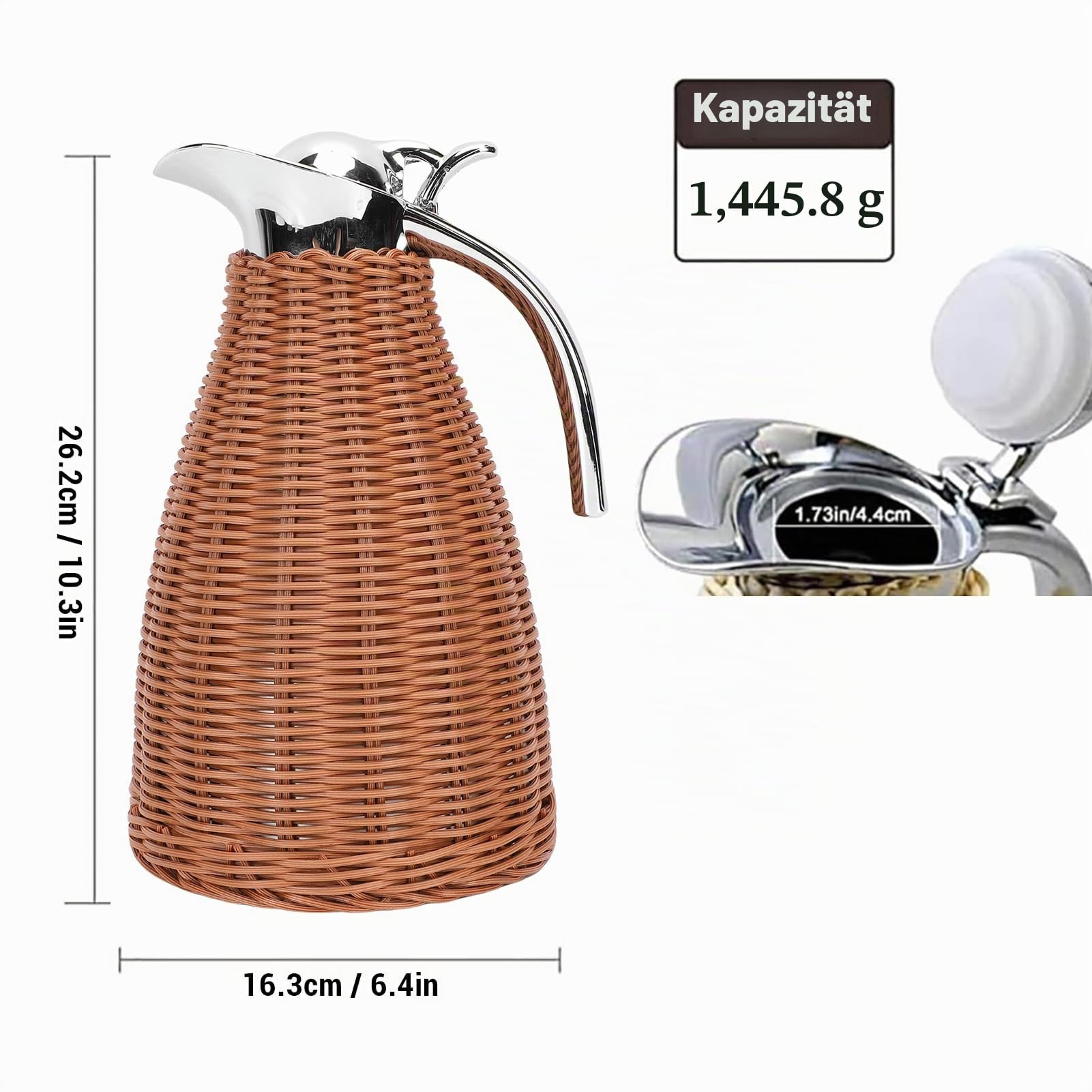 Fockety Rattan-Thermoskanne, 1,5 l Edelstahl-Thermoskanne mit handgefertigtem Rattan-Körper, 3-wandige Isolierkanne für heiße Flüssigkeiten, für Esstische, Cafés (BROWN)