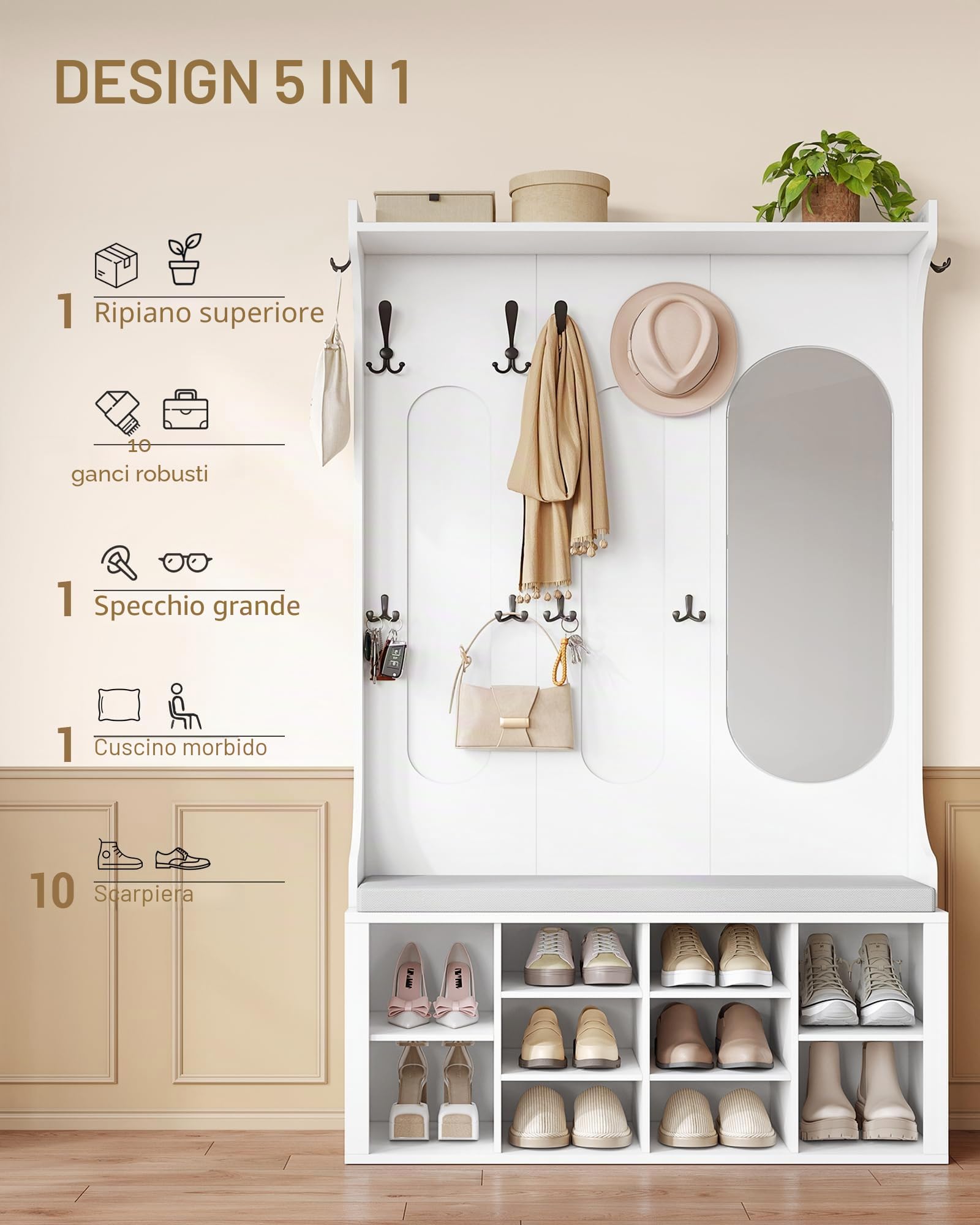 Hzuaneri Appendiabiti, Panca Porta Scarpe, Specchio, Bianco | Armadio, Porta scarpe, 10 ganci, ripiani regolabili, autoportante, per ingresso, corridoio, 35,5 x 100 x 185 cm, HT23503X