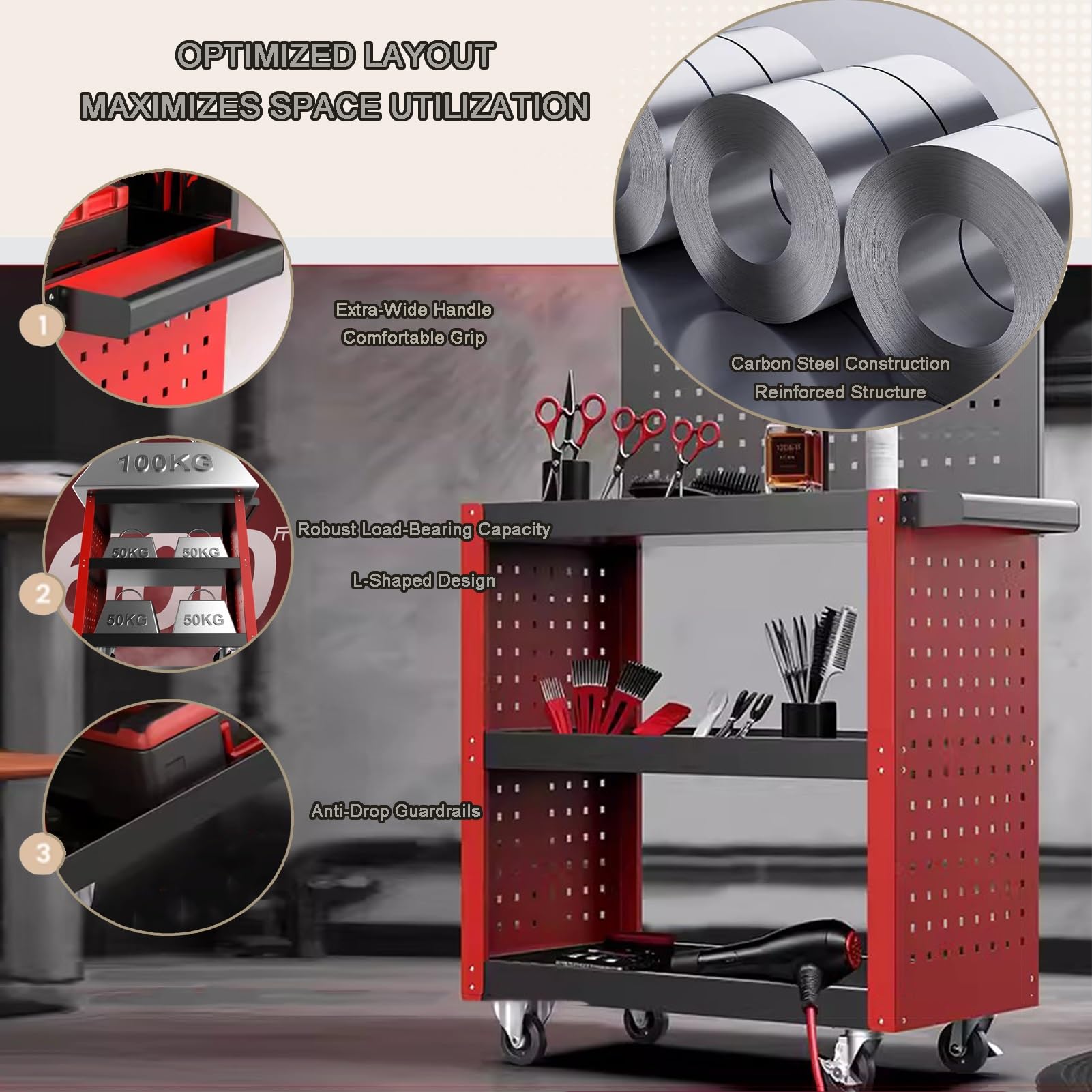 Carrito Herramientas 3 Niveles Panel Perforado, Carro Taller Acero Al Carbono Ruedas Silenciosas 360°, Organizador Herramientas Multifuncional Y Estación Trabajo Móvil(G-80x35.5x106.5cm)