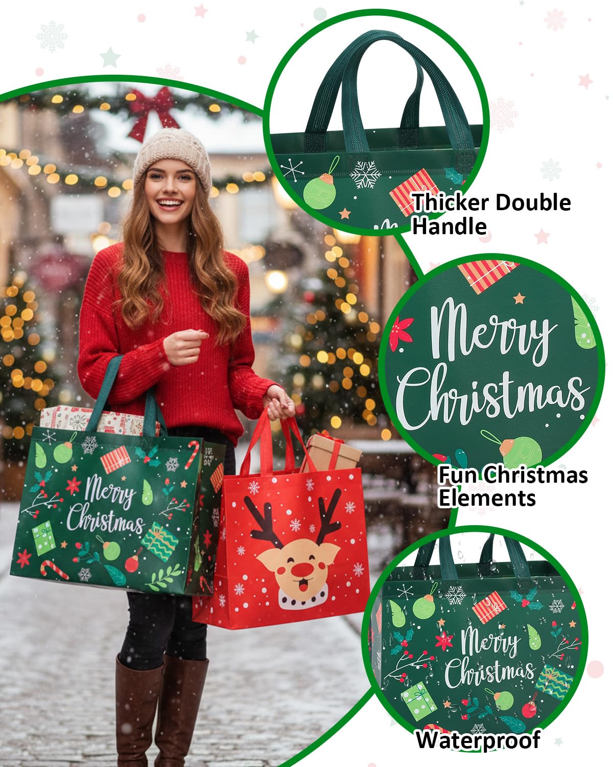 Confezione da 16 sacchetti regalo natalizi di dimensioni assortite, riutilizzabili, resistenti, con manici, 4 extra large, 8 grandi, 4 piccoli, sacchetti natalizi in tessuto non tessuto per regali