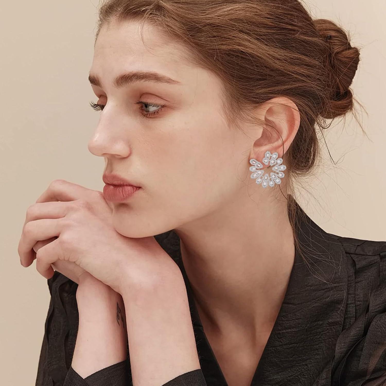 Large Round Crystal CZ Stud Earrings for Women S925 Sterling Silver Hypoallergenic Cubic Zirconia Rhinestone Statement earrings for Wedding Party Prom Gala Gift