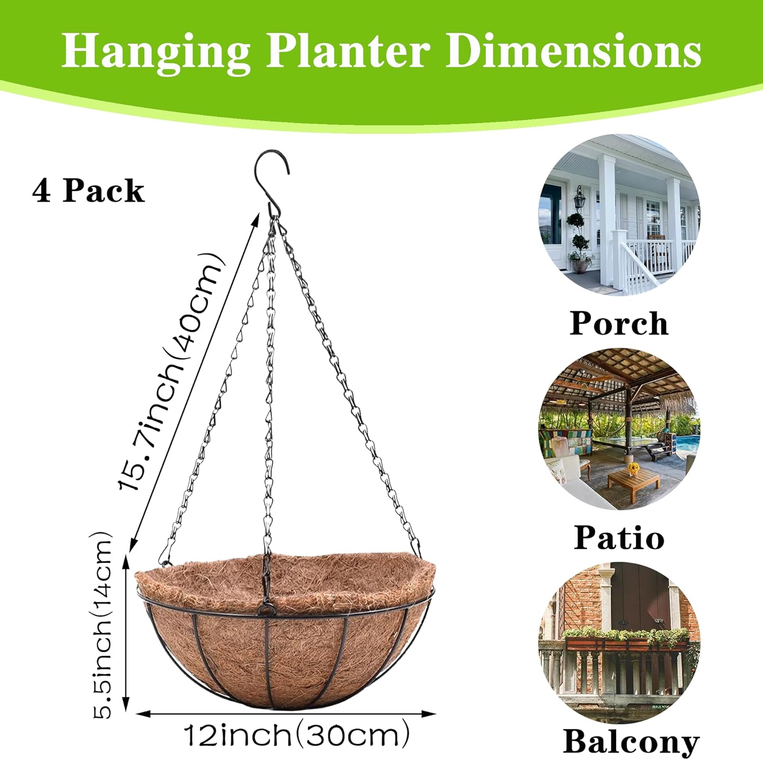 4 Pack Hanging Planter Basket Outdoor Large Hanging Flower Pots Indoor 12 inch with Coco Coir Liner Round Wire Plant Holder Chain Hanging Basket Garden for Home Decor Balcony Office1