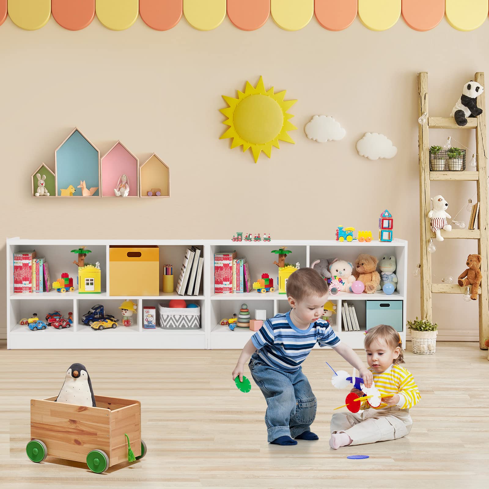 HOMASIS Scaffale per Bambini a 2 Livelli con 5 Scomparti, Libreria per Bambini in Legno, Armadietto Aperto per Stanza dei Giochi, Camera da Letto, Salotto, Aula, 111 x 30 x 61,5 cm (Bianco)