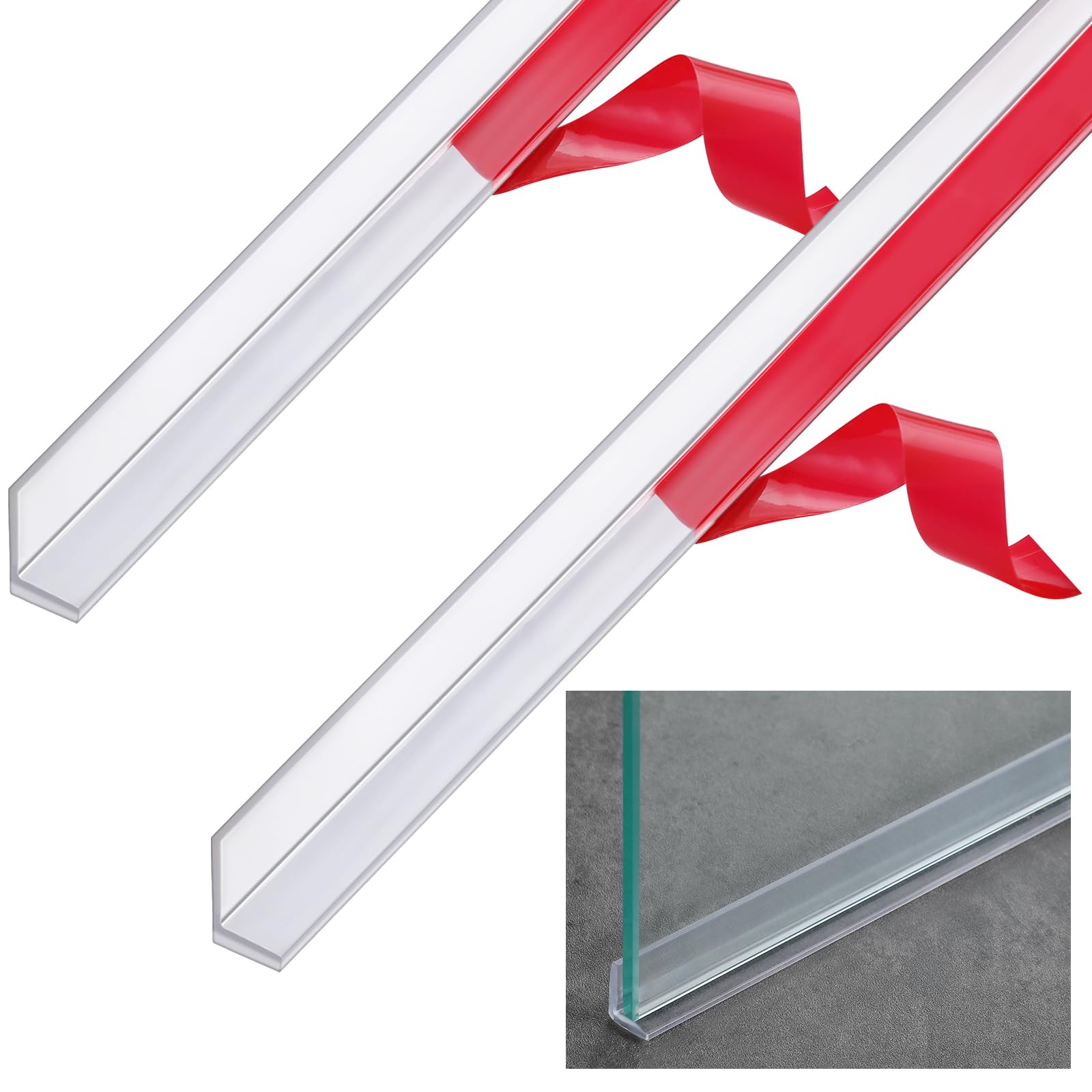Photo 1 of Newtay 2 Pcs 3/8'' x 73'' Long Clear Vinyl L-Type Seal Strip with Pre-Applied Self Adhesive Threshold Water Dam Barrier Bathroom Glass Shower Door Seal Strip for Gap Frameless Shower Door