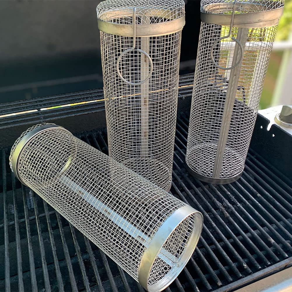 Juego de 3 Cesta Giratoria para Asador Cesta para Parrilla de Barbacoa de Acero Inoxidable Cesta de Parrilla para Barbacoa Cilíndrica Jaula para Asar 3PCS 30CM