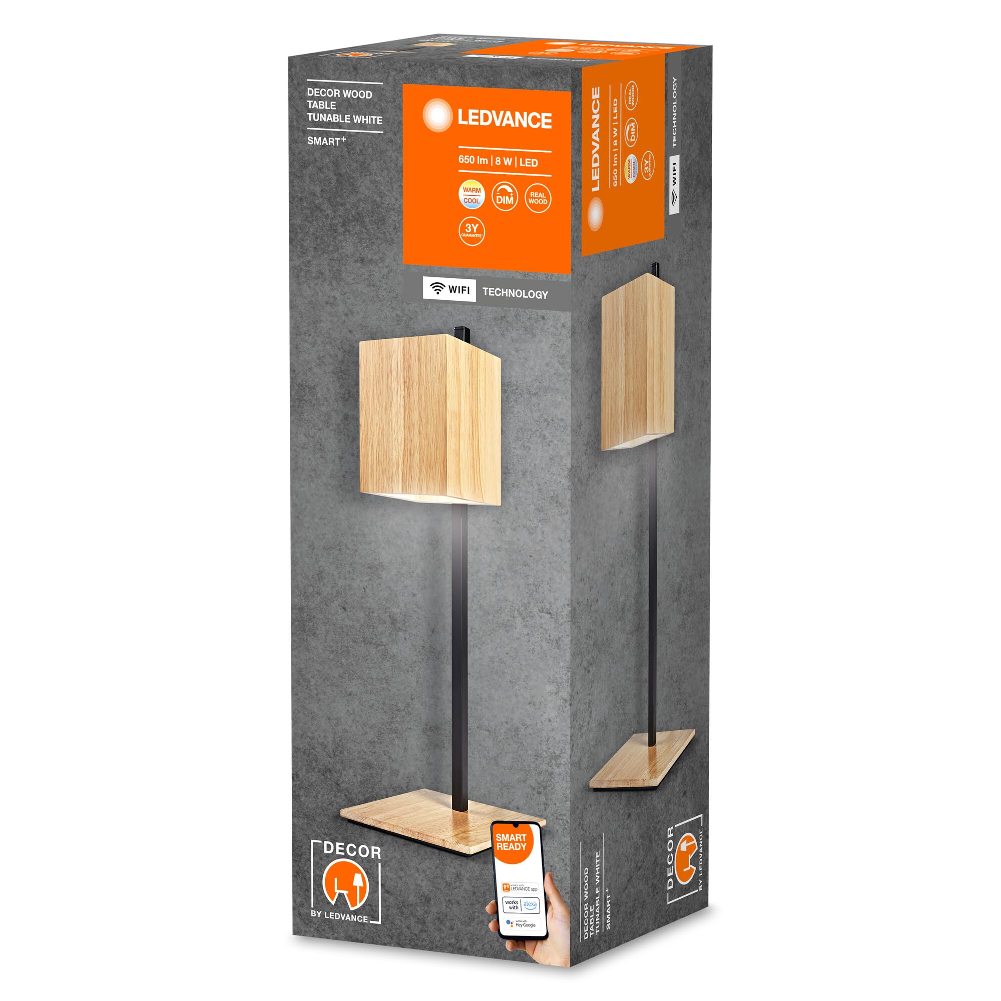 LEDVANCE SMART+ WiFi-Tischleuchte DECOR Wood, 8W, 650lm, regulierbares Weißlicht (3000K bis 6500K), dimmbar, FSC-zertifiziertes Holz, steuerbar per App, kompatibel mit Amazon, Google und Co.