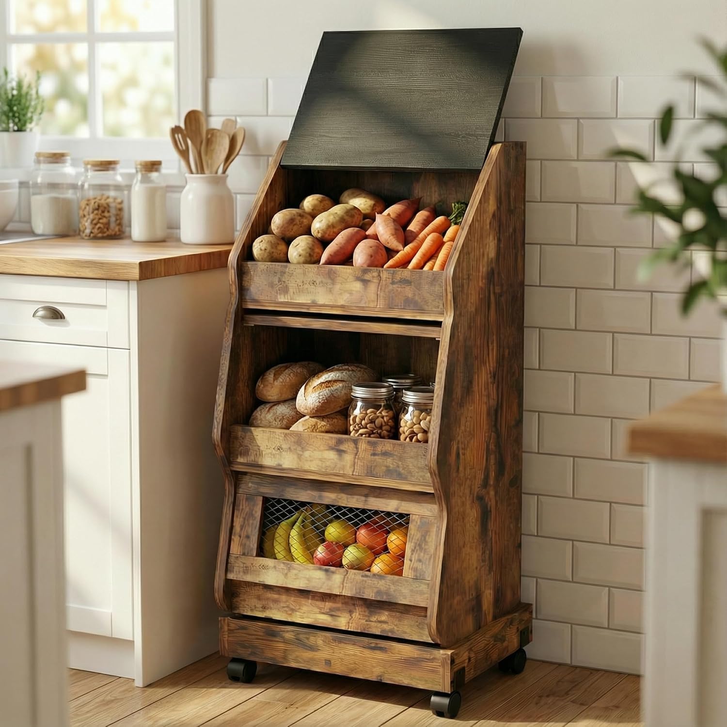 YU YUSING Garde Manger Grillagé Fruits Légumes XXL-3 Étagères avec Roulettes, Rangement Pomme de Terre Cuisine, Boîte à Pain Mobile en Bois avec Couvercle, Chariot Stockage, Fromage, Marron Rustique