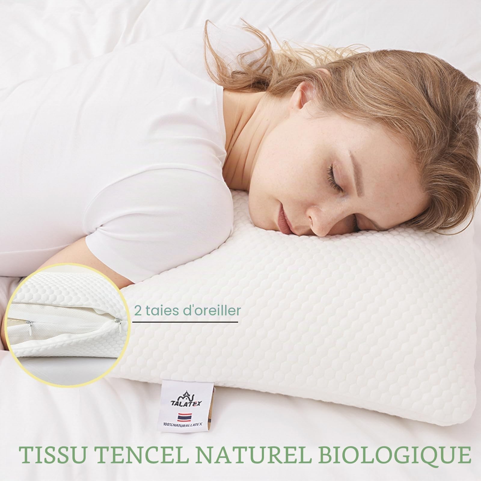 Talatex Purefusion Talalay Oreiller Dunlop en latex, aide à soulager la pression, sans mousse à mémoire de forme, cadeau parfait avec housse amovible en Tencel (doux, standard (60 x 40 x 11 cm)