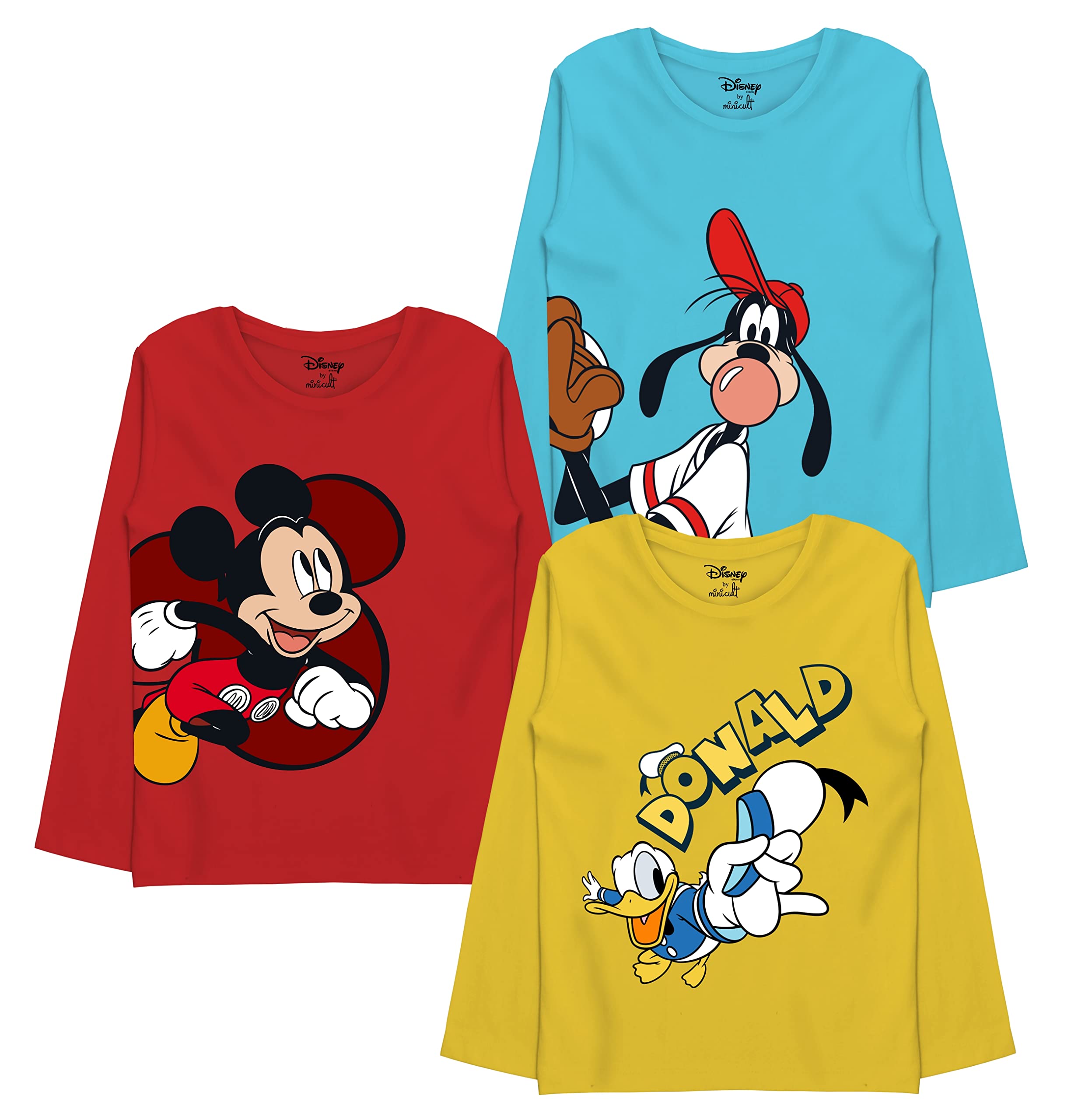minicultDisney Mickey Mouse and Friends Regular Fit Character Printed Full Sleeves Tshirt for Boys and Girls(Navy c42)