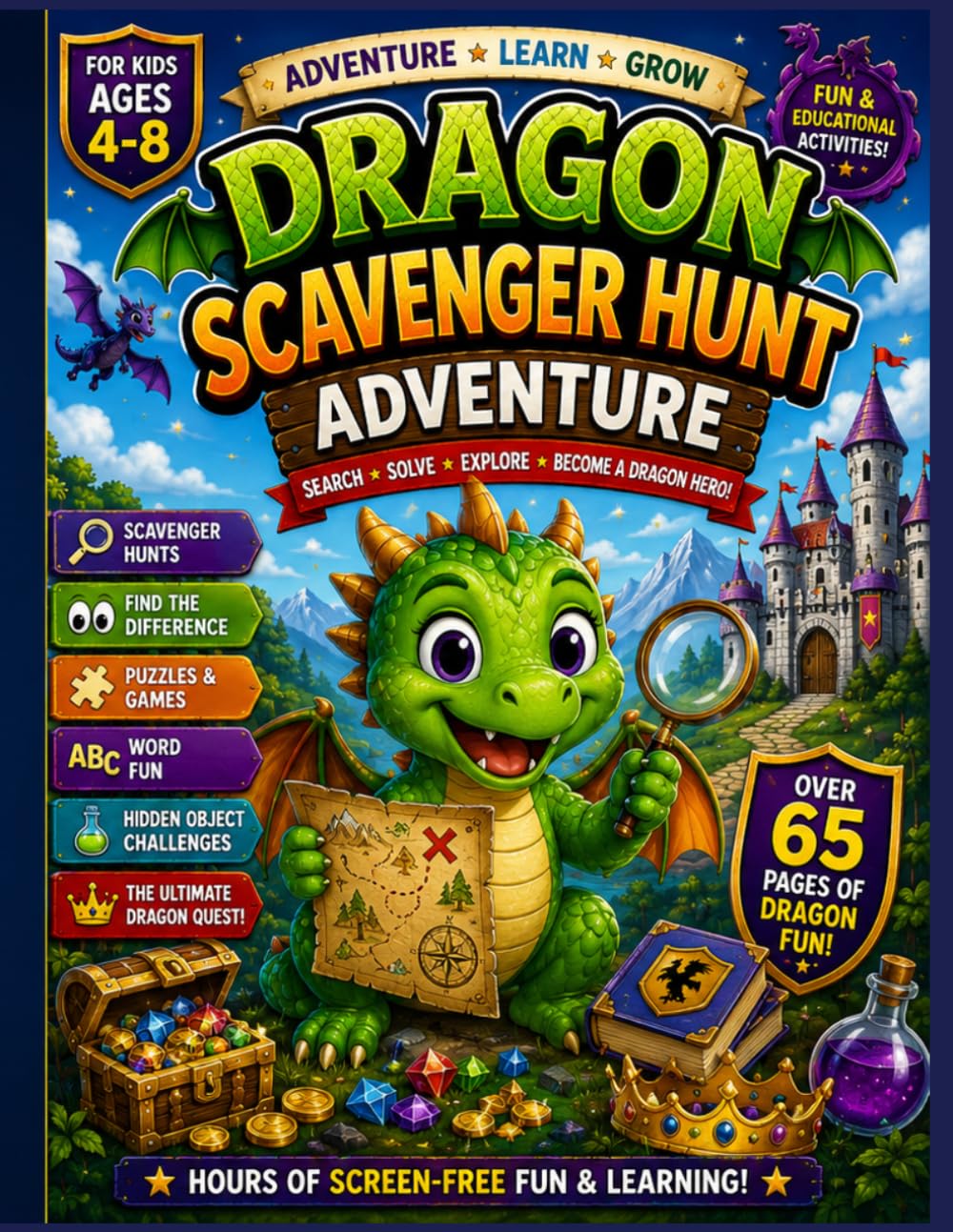 Dragon Scavenger Hunt Adventure: Seek and Find Dragons, Treasures, Keys, Gems, Potions, and More! Fun Activity Book for Kids Ages 4–8