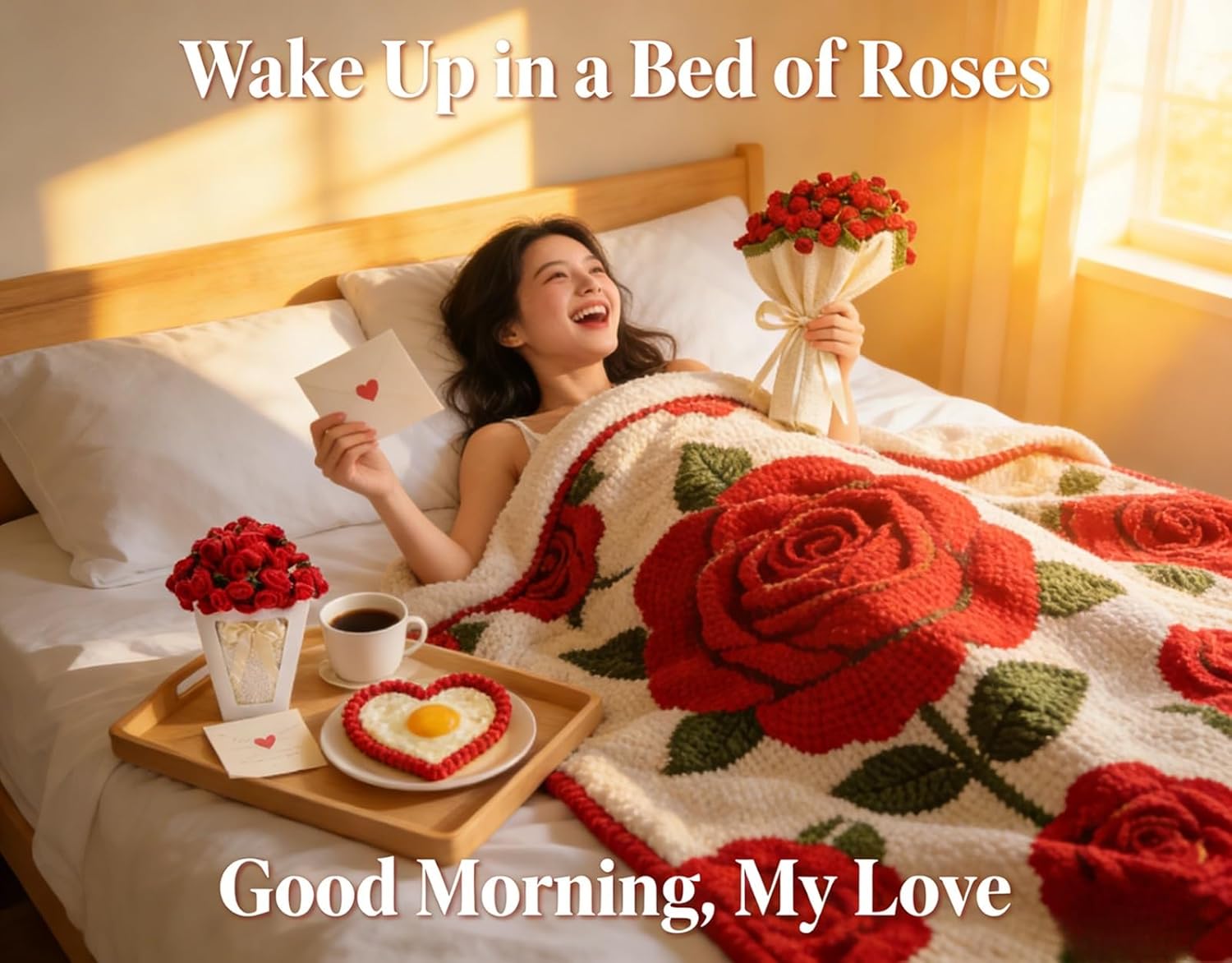 SST Stocking Stuffers, Crochet Rose Flowers Blanket Bouquet, Handmade Knitted Throw Blanket for Women