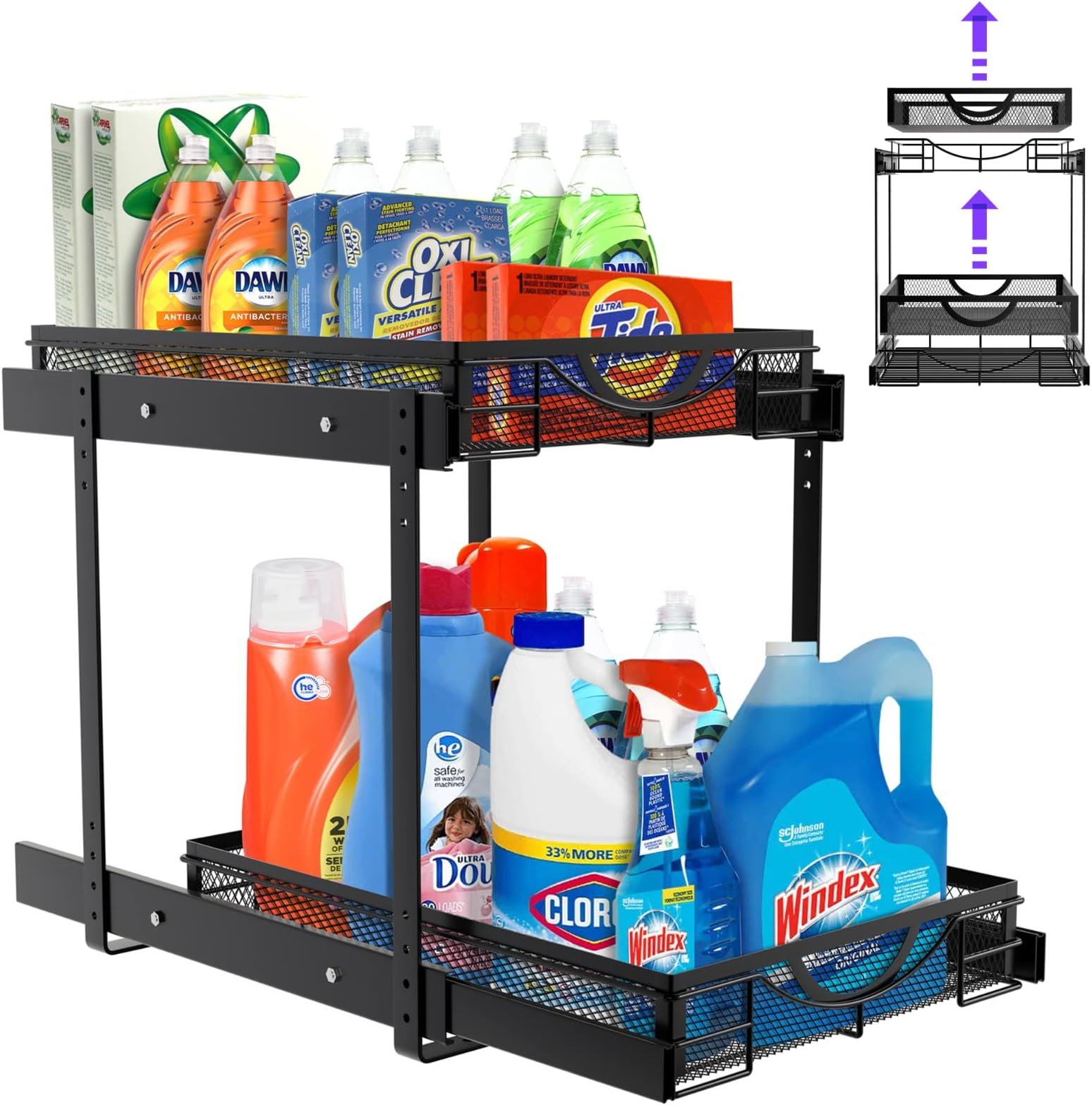 Spacenetic 2-Tier Pull Out Cabinet Organizer - Under Sink Organizer - Slide Out Pantry Shelves - Cabinet Pull-Out Shelves for Kitchen Cabinets - Adjustable Steel Organizer for Home - 12.2 x16.4 x 14.3