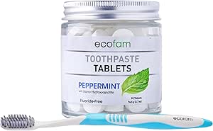 Ecofam Toothpaste Tablets 90 Count Peppermint in Glass Jar + Eco-Friendly Toothbrush