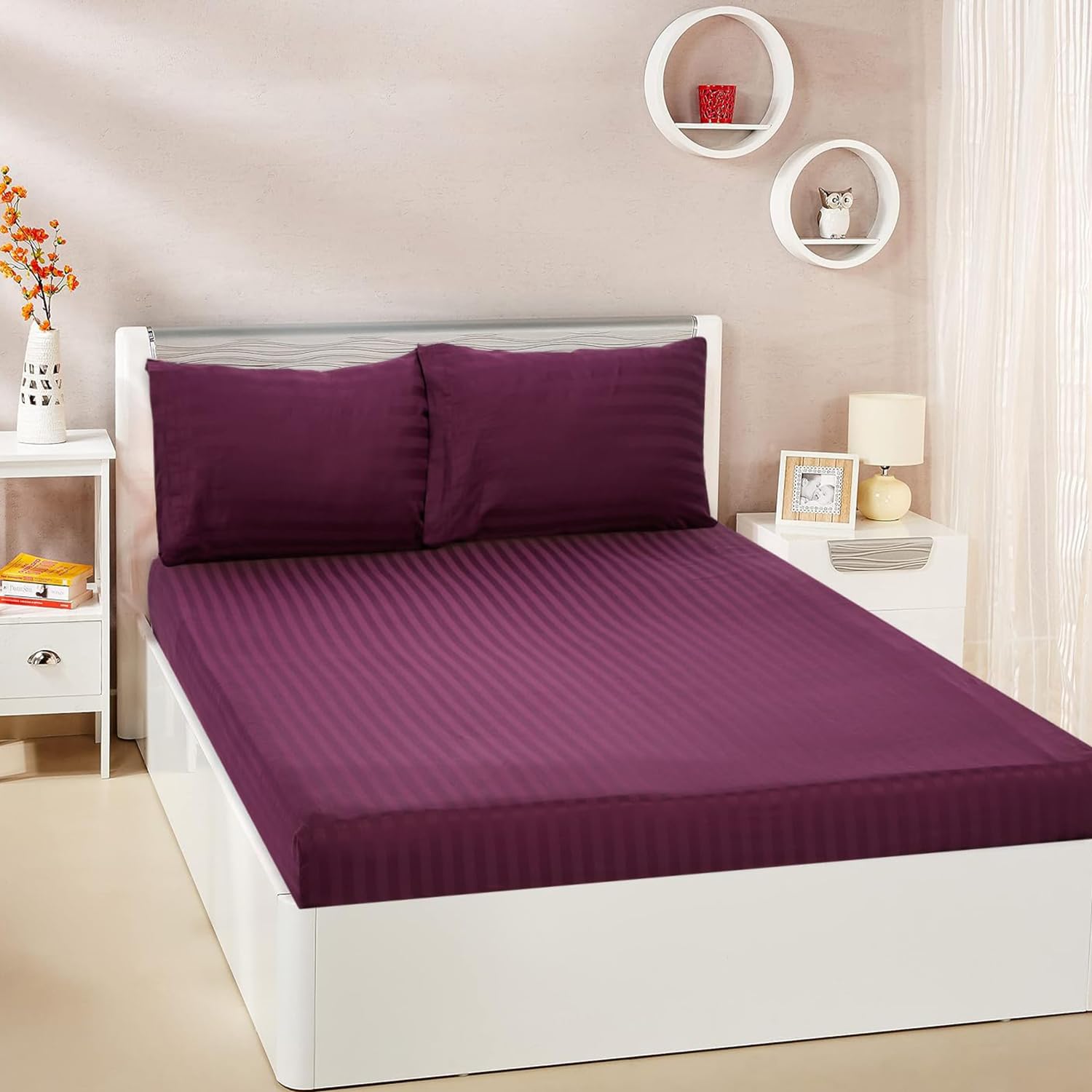 amazon basics 300 TC 100% Cotton Sateen Weave Bedsheet Set with 2 Pillow Covers | Queen Size (Dark Purple) (B0D1K71ZMQ) Amazon Price History, Amazon Price Tracker