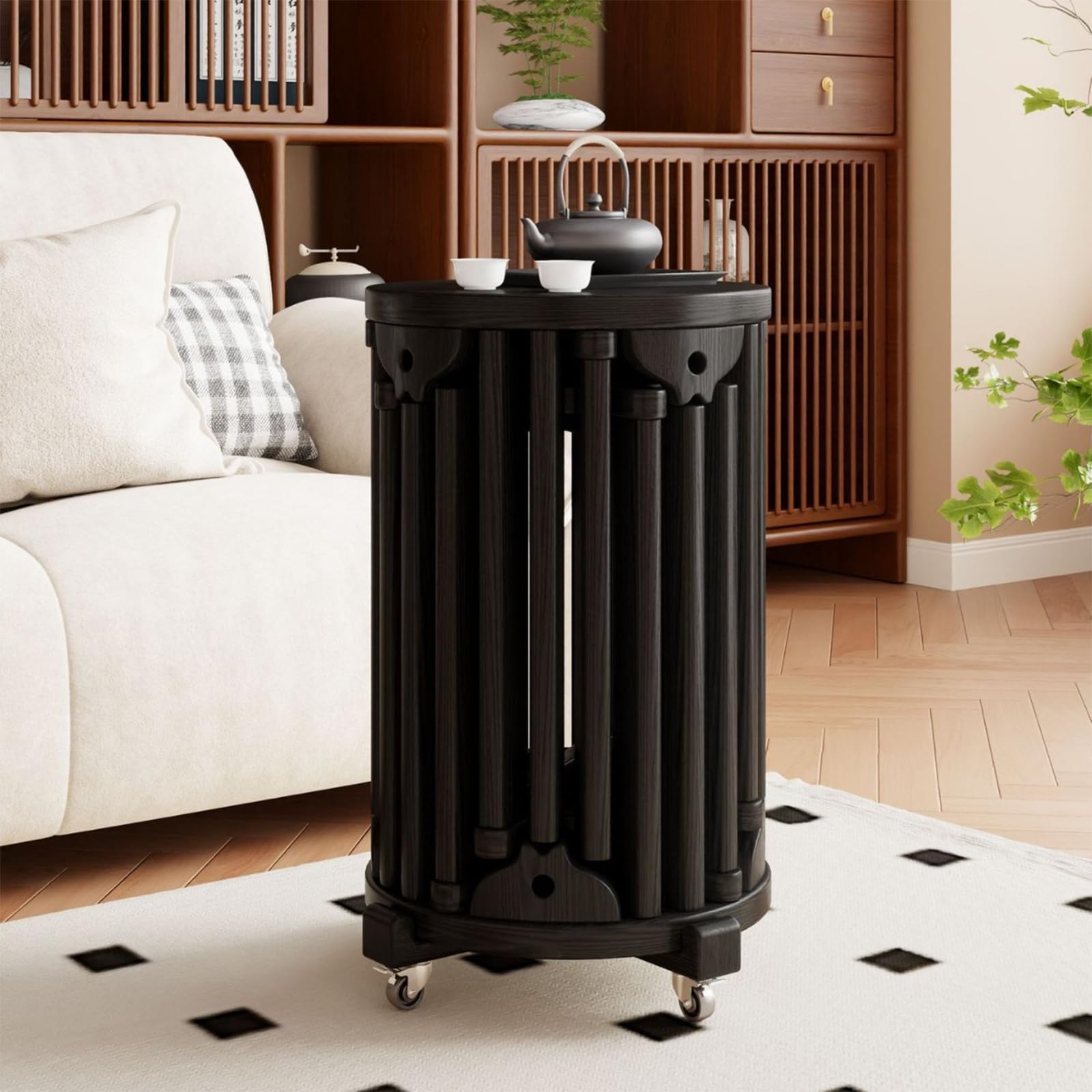 XNZJHPP Set of 6 Stackable Wooden Stools with Wheels - Space-Saving Nesting Tables for Living Room, Bedroom, Dining - No Assembly Needed, Versatile Nightstands for Any Space (Black)