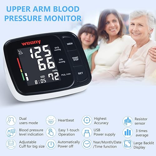 Miniatura 2 de Monitor de presión arterial para la parte superior del brazo, pantalla grande retroiluminada, puño ajustable de presión arterial de 9 a 17 pulgadas,