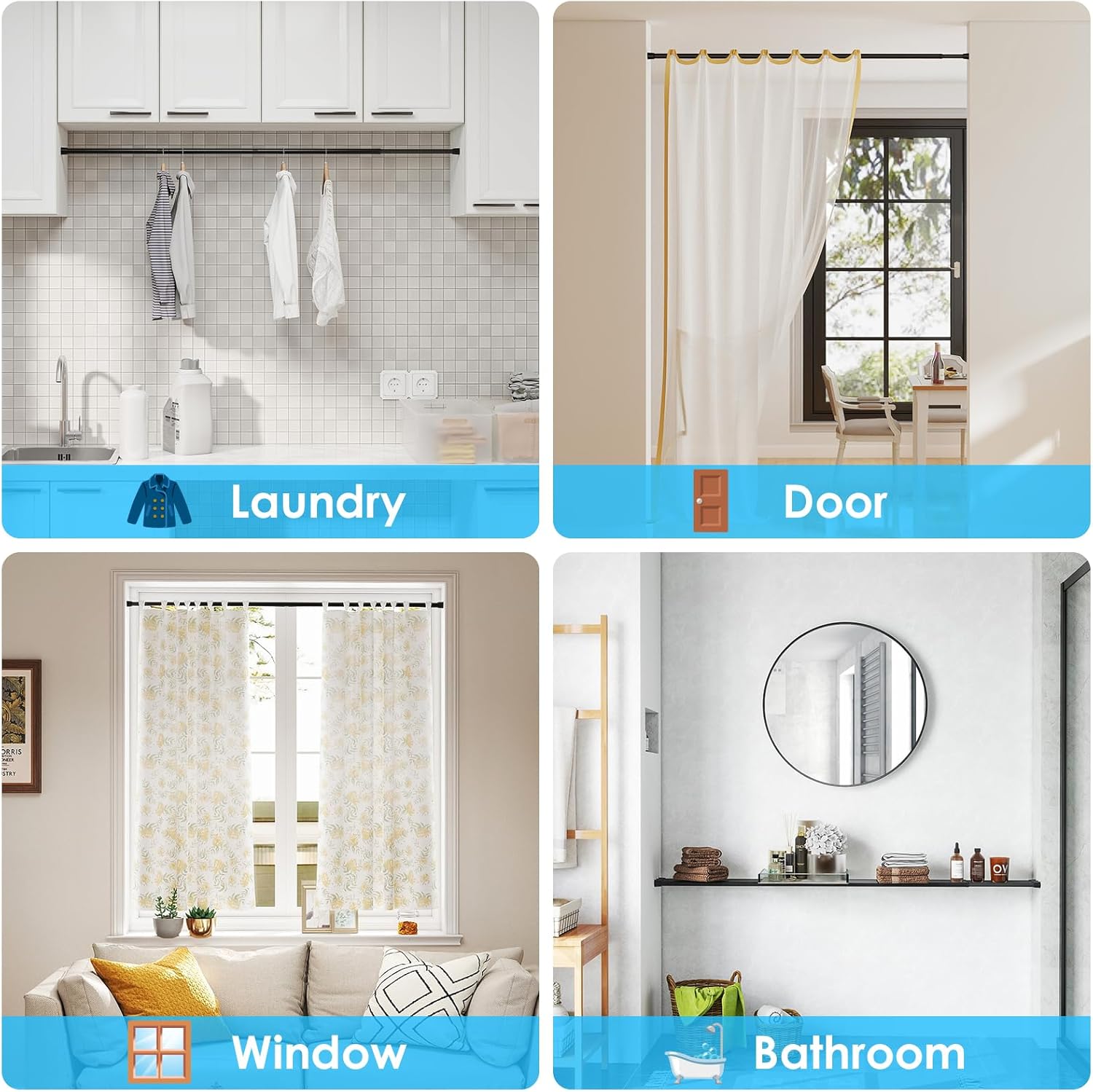 MEXAU 3pack Tension Curtain Rod 33 to 59 Inch，Black Spring Rods Adjustable Curtain Rod No Drill Expandable Spring Loaded Curtain Rod Tension Rod for Kitchen Doorway Closet