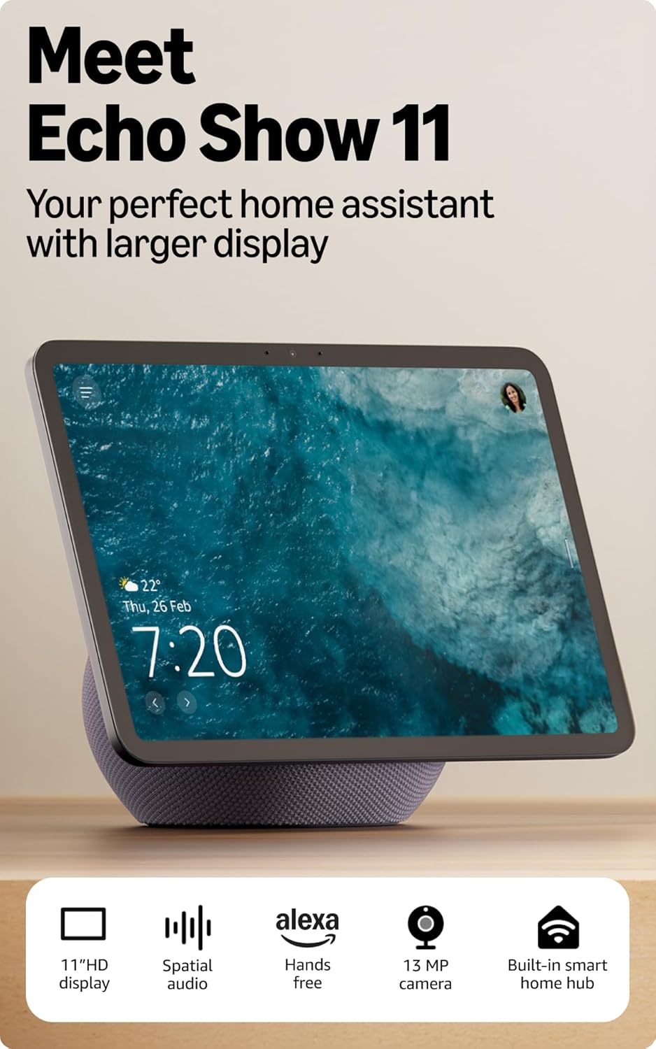 Amazon Echo Show 11 (newest model), vibrant 11″ Full HD display with spatial audio & Alexa, new sleek design, smart home controls, 2x bass speaker, 13 MP camera, bluetooth, Graphite