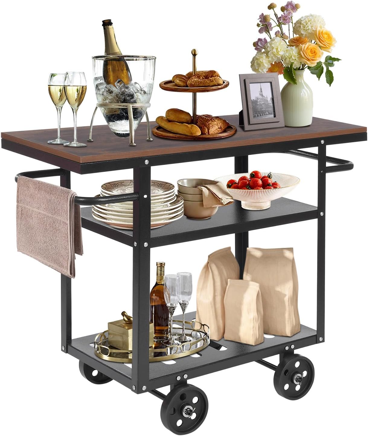 3 Tier Rolling Bar Cart, Industrial Mobile Serving Cart Vintage Bar Cart Kitchen Storage Utility Cart Trolley Coffee Cart Tea Cart Floor Standing for Kitchen Bar Office Coffee House