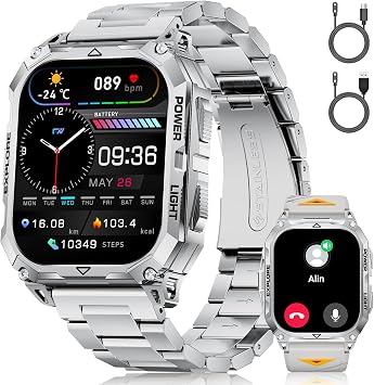 Mens Military Smartwatch with 2.01 Inch HD Touch Screen/LED Torch 900 mAh/2 Wristbands Fitness Watch Smartwatch with Phone Function 110+ Sports Modes Sleep Monitor IP68 for Android iOS Silver