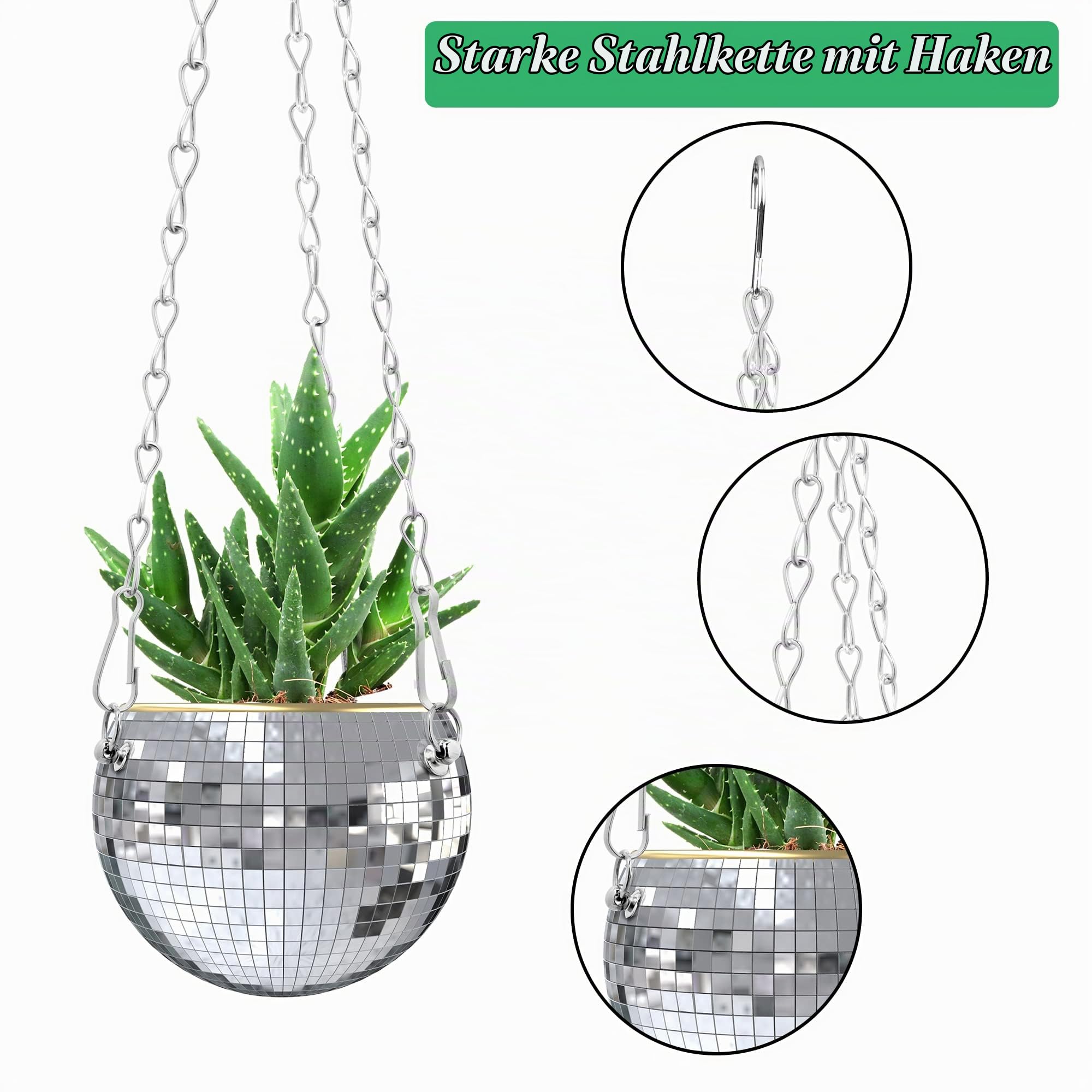 moonoom 2 Stück silberfarbene Discokugel-Pflanzgefäße mit Kette, Boho-Hängepflanzgefäß, 10,2 cm, hängende Spiegelkugel, Blumentöpfe für Innen- und Außenpflanzen