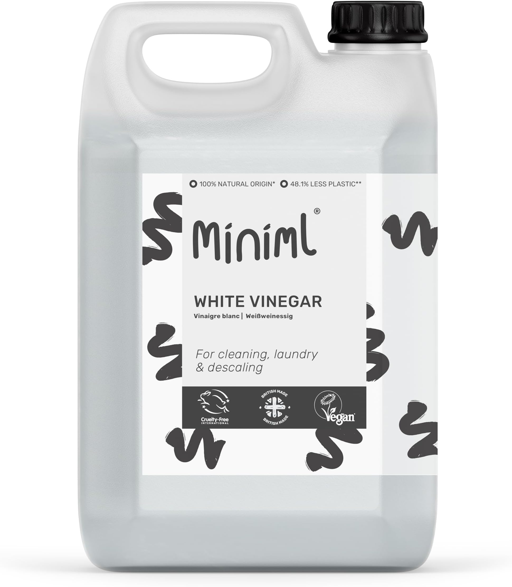 Miniml Eco White Vinegar Cleaning - All Natural Multi-Surface & Multi-Purpose Cleaner, Limescale Remover, Laundry Softener & More - 100% Vegan & Cruelty Free (5L (Pack of 1) | All Natural Multi-Surface & Multi-Purpose Cleaner – Limescale Remover – Laundry Softener – 100% Vegan & Cruelty Free