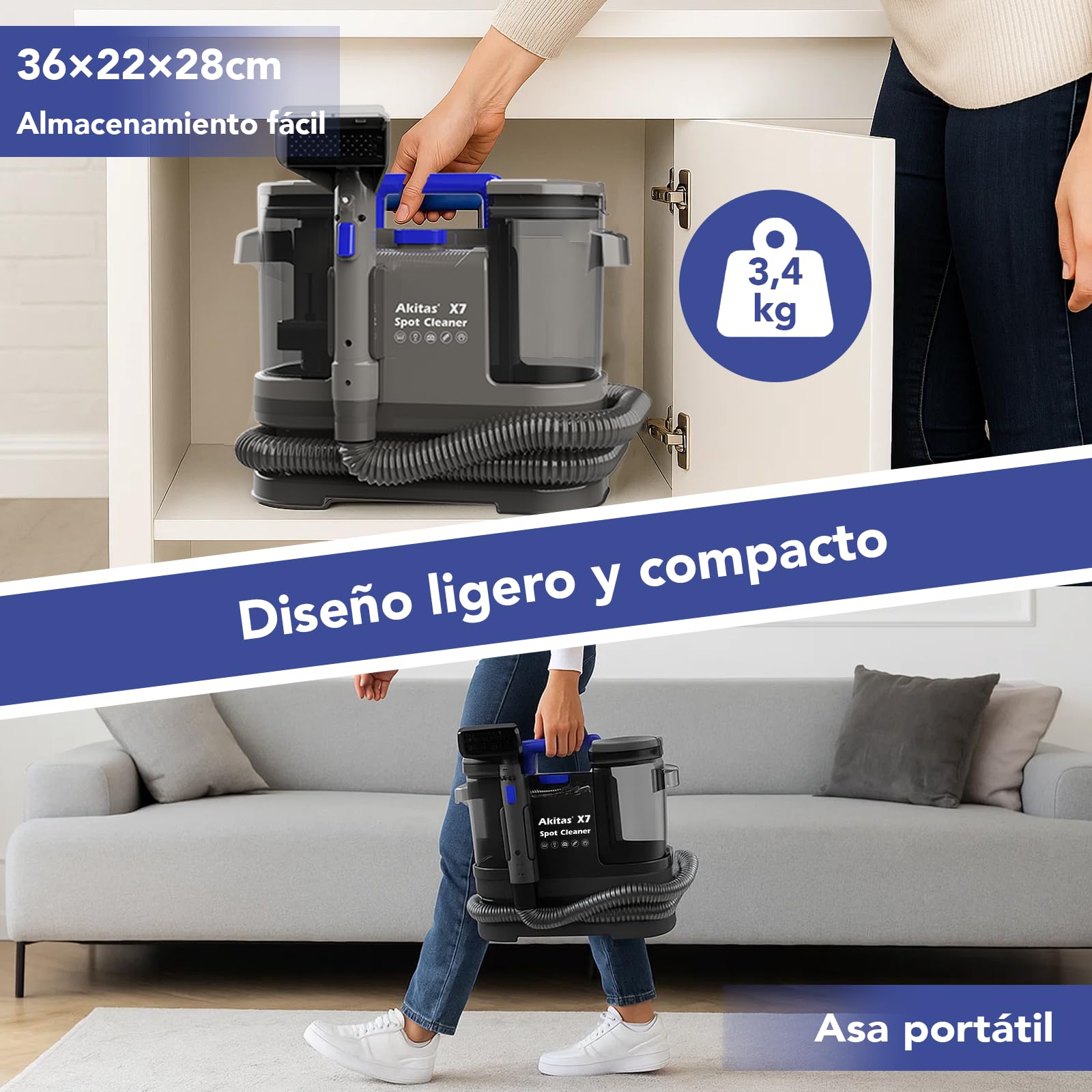 Akitas X7 600W Aspiradora de Agua Tapicería con Función de Autolimpieza Limpiador de Tapicerías Portátil 14kPa Pelos de Mascotas Sofás Colchones Alfombras Coches Depósito Doble(AKX7)