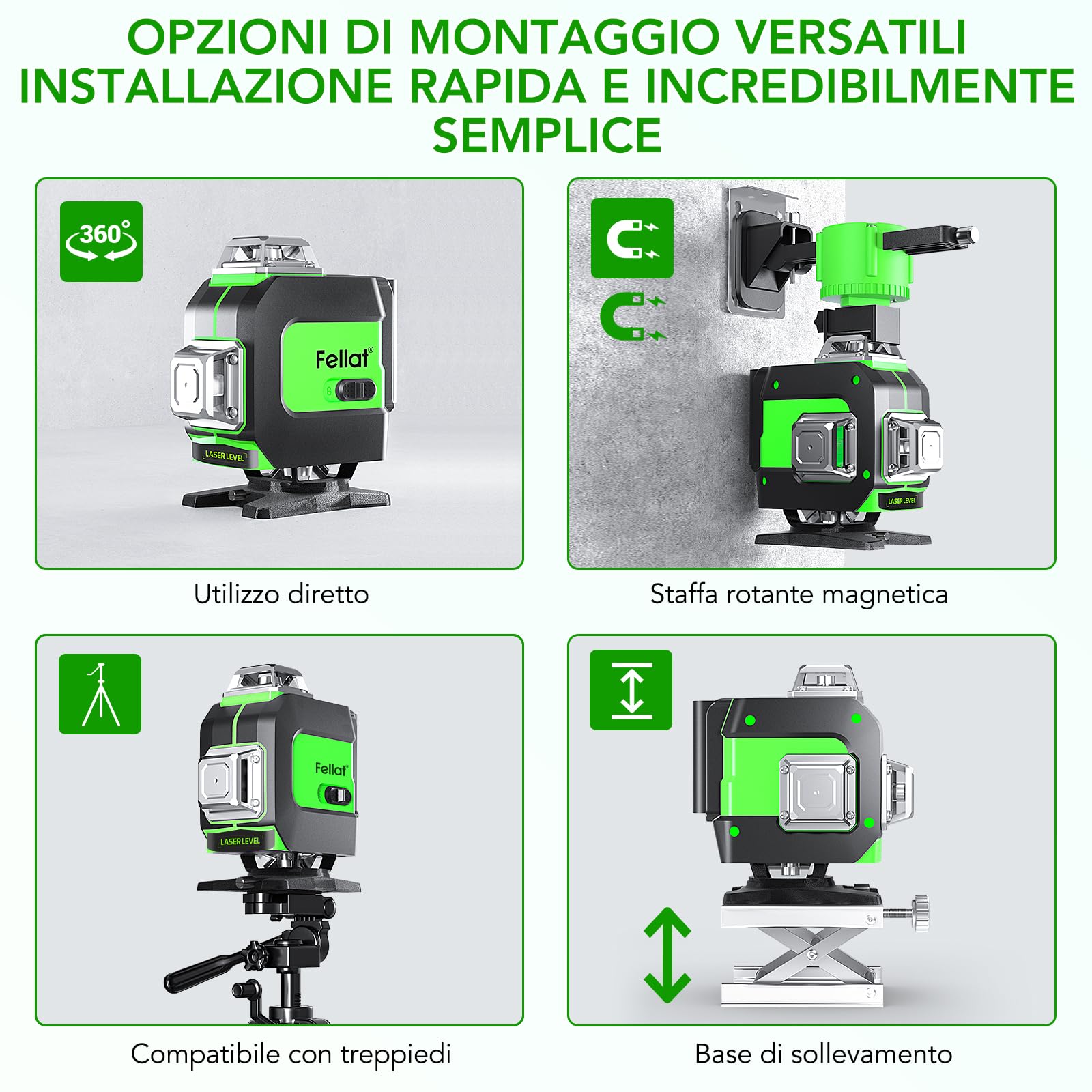 Livella Laser, FELLAT 4 x 360° Livella Laser Autolivellante 16 Linee 4D Livello Laser con 2 Batterie Ricaricabili da 4000 mAh, Telecomando, Base di Sollevamento, Supporto Magnetico Rotante