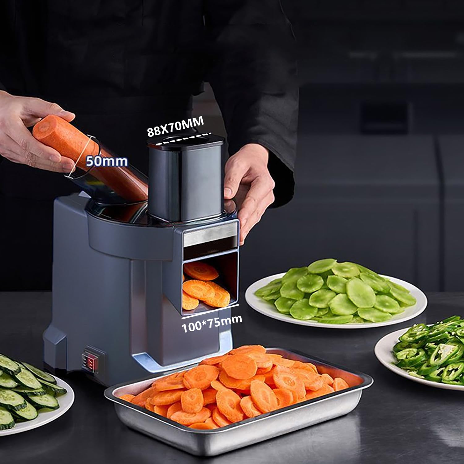Tagliaverdure elettrico multifunzione 4-in-1 con affettatrice,cubettatrice,grattugia e taglia patate ondulato,lame in acciaio inox,Affettatrice elettrica per verdure per meal prep e catering