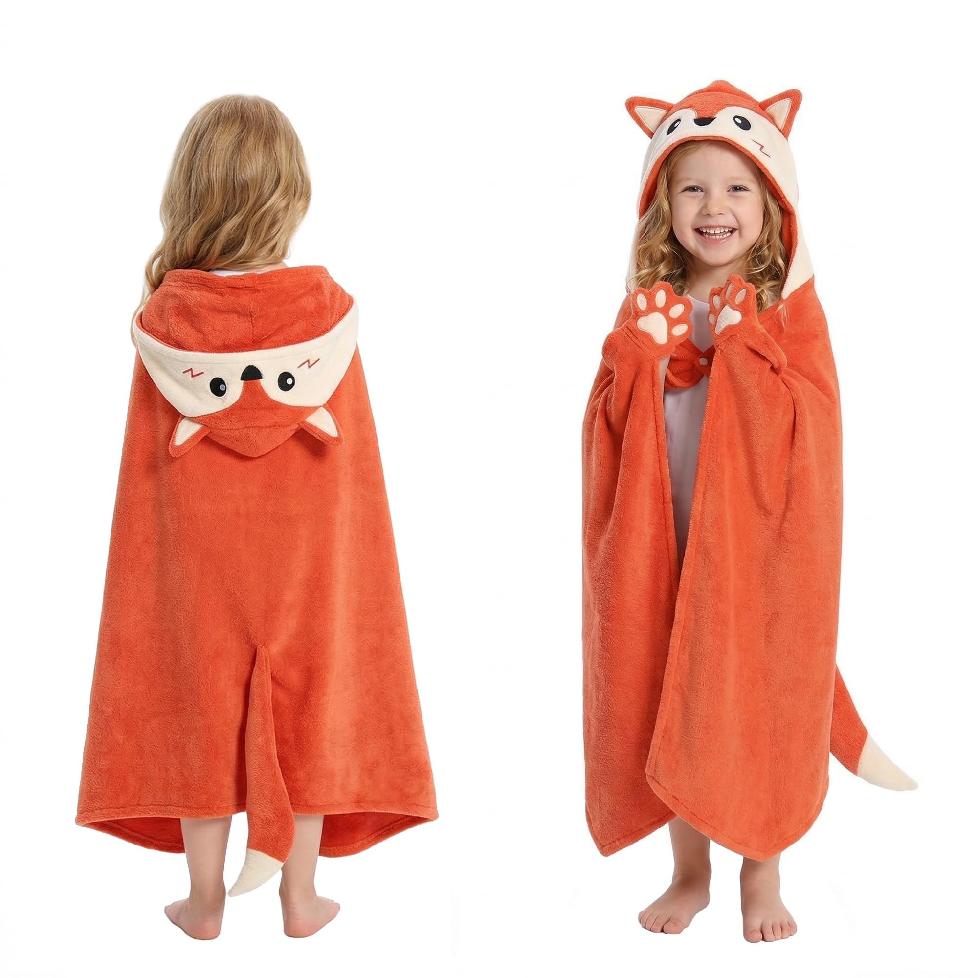 OLAOLA Serviette de Bain à Capuche pour Enfants, Serviettes de Plage en Microfibre Doux Natation Wrap, Enfant Peignoir À Langer, Poncho de Bain pour Garçons Filles de 3 à 12 Ans (Renard)