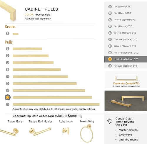 Miniatura 9 de QOGRISUN Paquete de 2 tiradores de gabinete de latón macizo, manijas cuadradas doradas, accesorios de cocina centrales de 11-14 pulgadas para