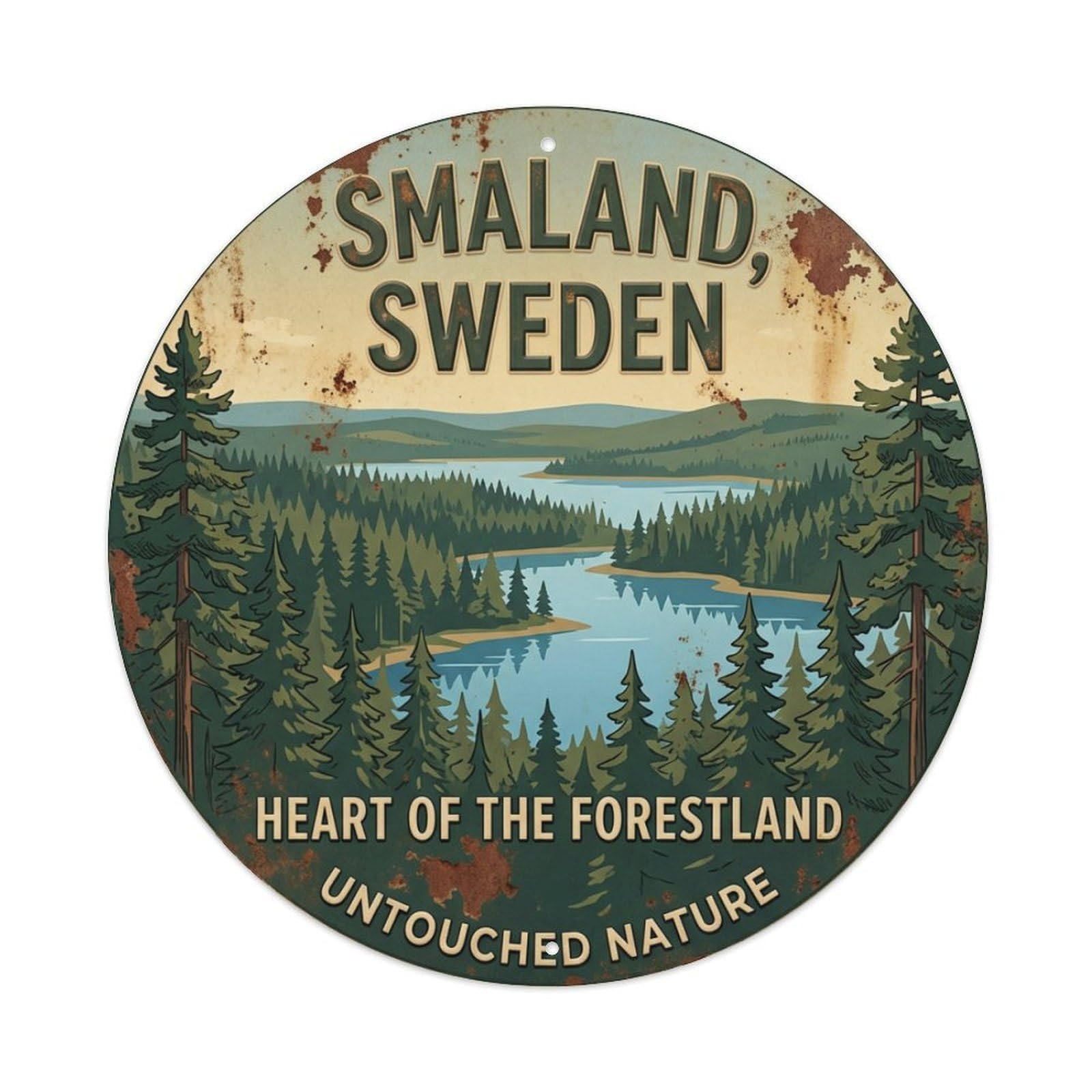 Vintage Travel Smaland Sweden Woodland Metal Tin Sign
