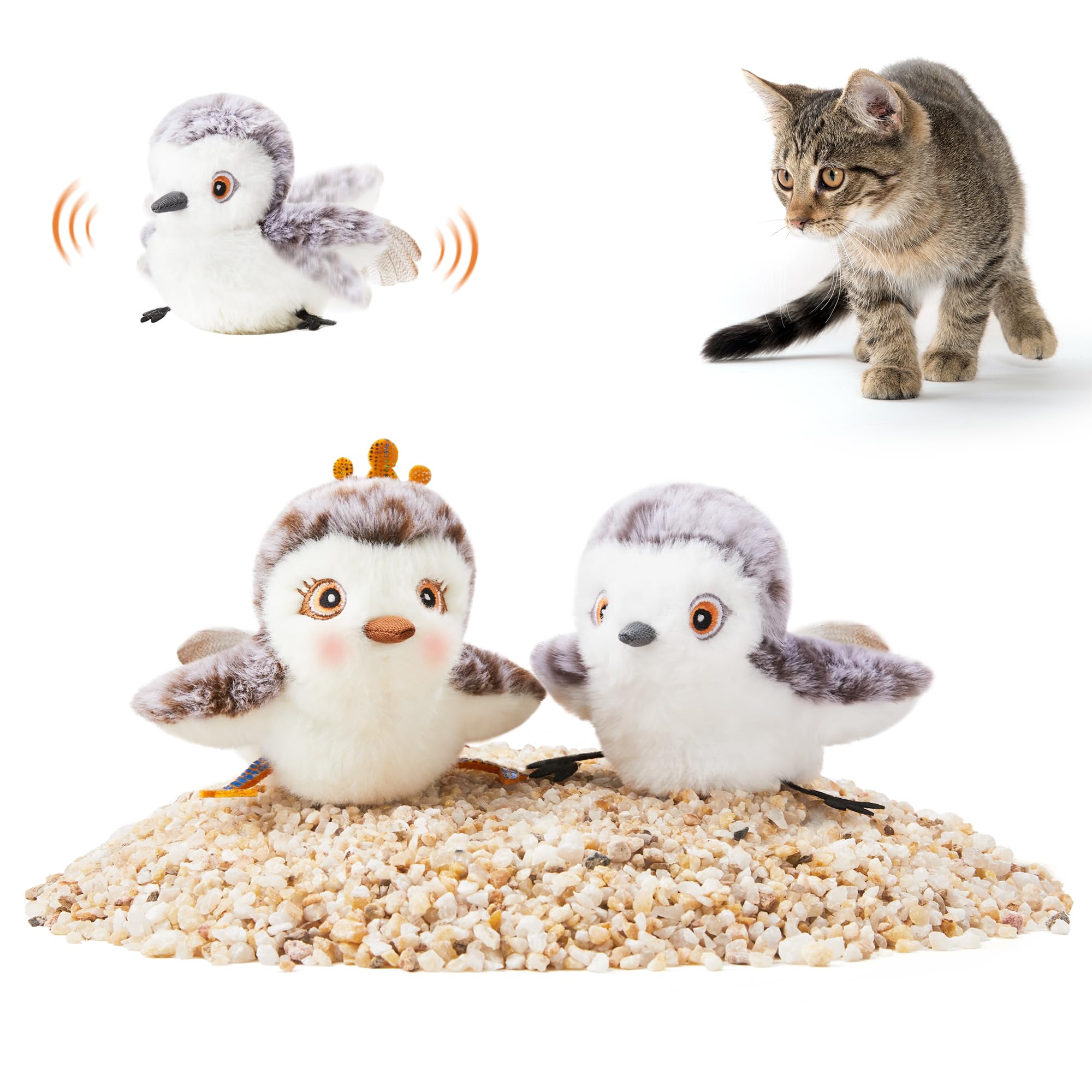 Potaroma Cat Toys 2 Pcs Flapping Sandpiper Pair-Mate, Lifelike Birds Chirp, Chargeable Touch Activated Kitten Toy Interactive Cat Kicker Exercise, Catnip Toys for All Breeds