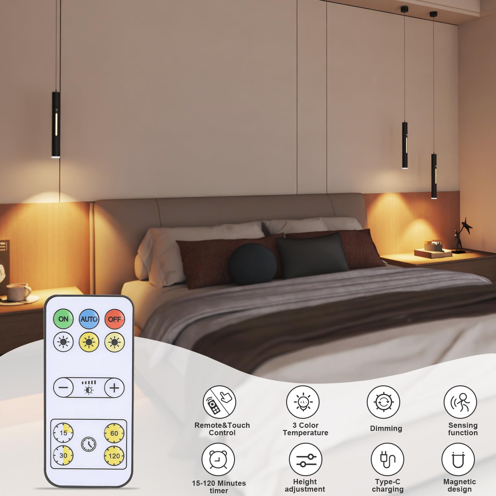 2er Hängelampe mit Batterie 5000 mAh Akku Pendelleuchte mit Fernbedienung Hängeleuchte Ohne Strom Dimmbar Schwarz Lampen Hängend mit Bewegungsmelder für Küchenlampe Schlafzimmer Wohnzimmer
