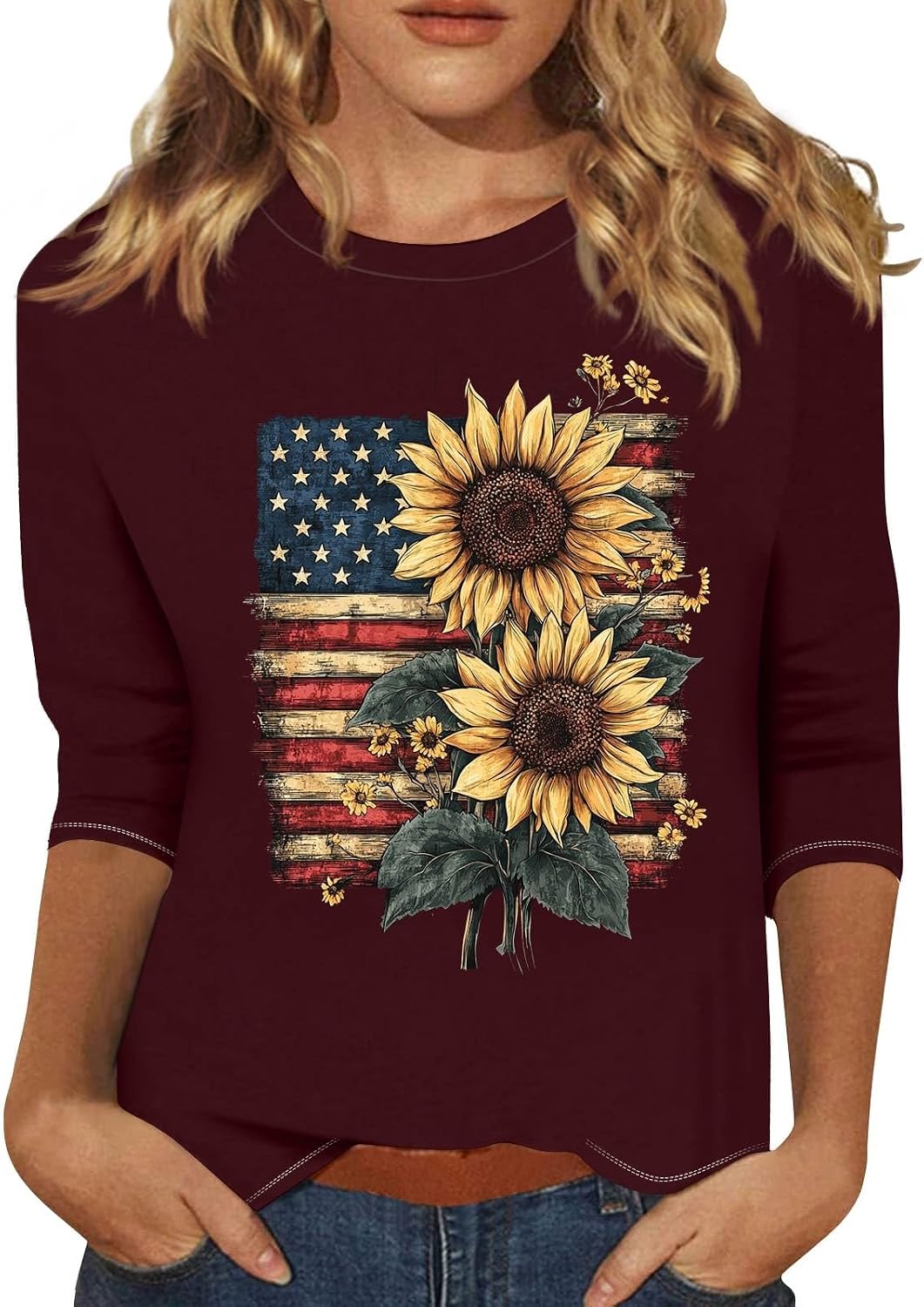 4th of July Tops for Women Summer Dressy Blouse Fashion 3/4 Sleeve T Shirts American Flag Stars Stripes Shirts