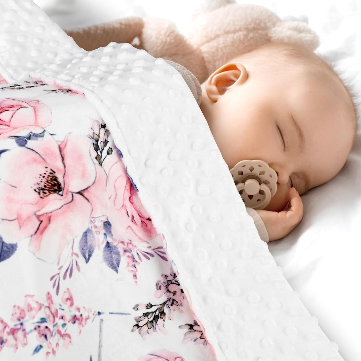 Baby Blanket for Girls, Super Soft Double Layer Mink Blankets with Dotted Backing, Floral Newborn Nursery Bed Blanket, Pink Flower, 50 X 60 Inches