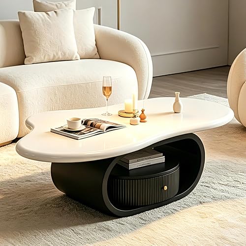 COSVALVE Cloud Coffee Table with Storage Drawer, Side Table for Living Room | High Gloss Top, Oval Metal Base, Center Table, Mid-Century Modern, Unique, Home Office, Sitting Room, Black and White