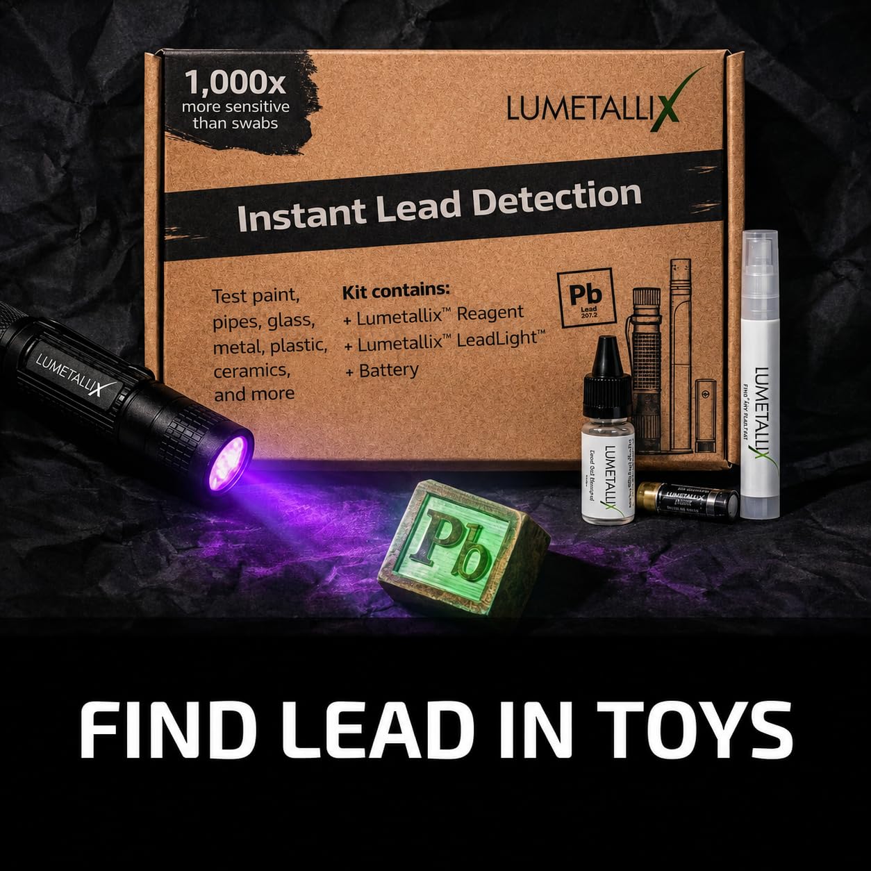 Lumetallix: Sofort leuchtendes Blei-Testset für Malen, Farbe, Keramik, Glas– schnell, einfach und sicher zu verwenden, UV-sichtbarer Sprühtest, zuverlässige Bleierkennungsergebnisse in Sekunden