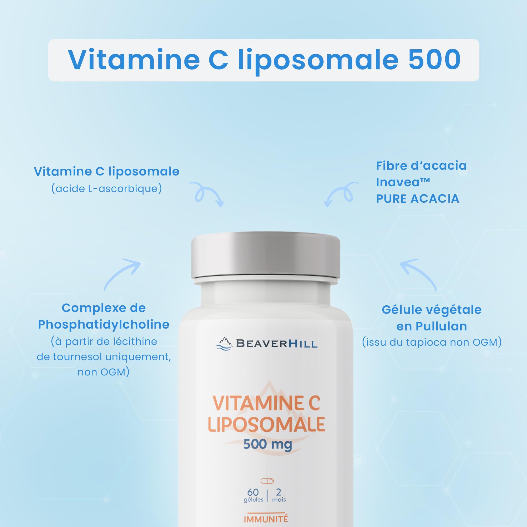 Vitamine C Liposomale 500 mg | 60 Gélules Végétales pour 2 mois | Absorption Optimale | BEAVERHILL | Fatigue - Antioxydant - Énergie - Immunité
