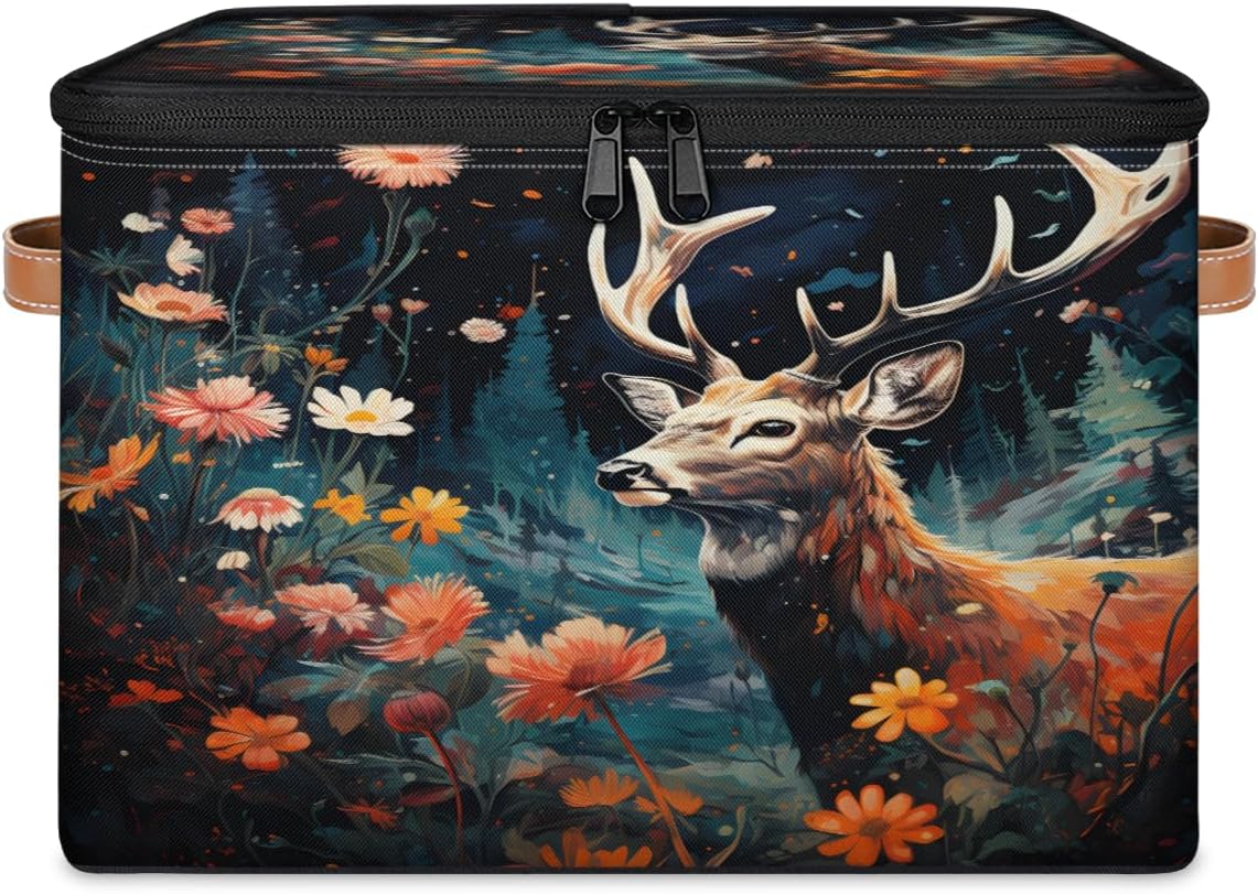 Storage Bin Set of 2 Reindeer Flower Storage Basket with Zipper Lid & Handle Foldable Closet Shelf 2 Pack Cloth Organizer Basket Cube Bins Clothes Organizer for Bedroom, Nursery