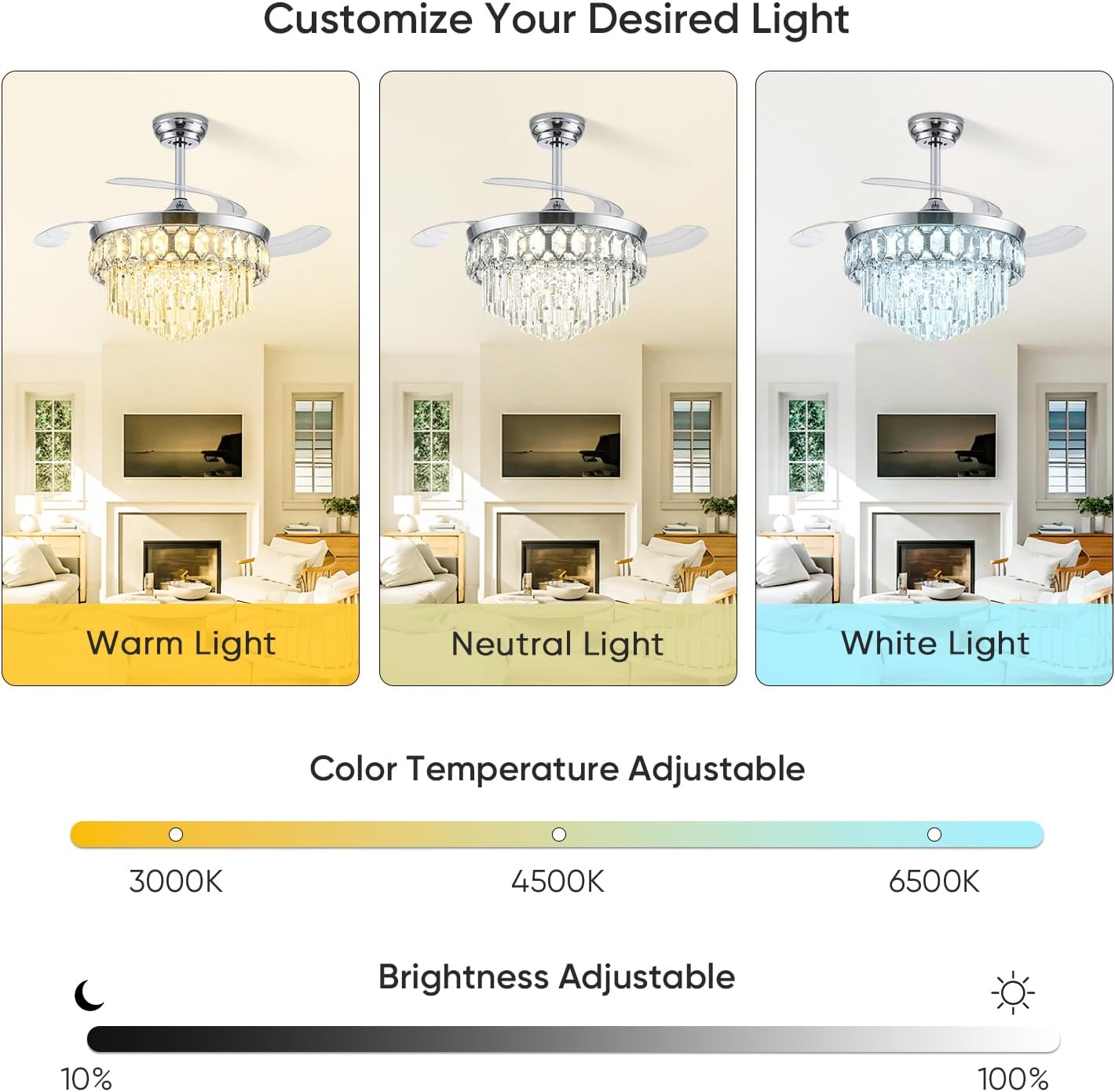 42 Inch Fandelier Ceiling Fan with Light, Retractable Ceiling Fan with Lights Chandelier Fan for Bedroom, Living Room, 3 Color Temperature, 6 Wind Speed-Chrome