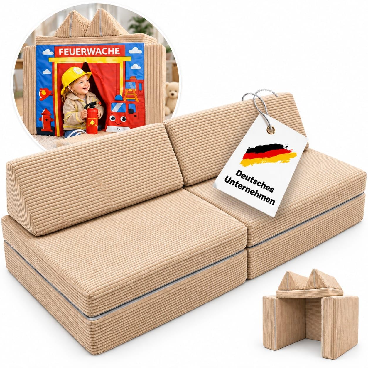 Spielsofa Kinder aus Cord | Modulares Kindersofa & Kindercouch mit 3 Spielwelten | Waschbare Bezüge | Kiosk, Autowaschanlage & Feuerwache | beige