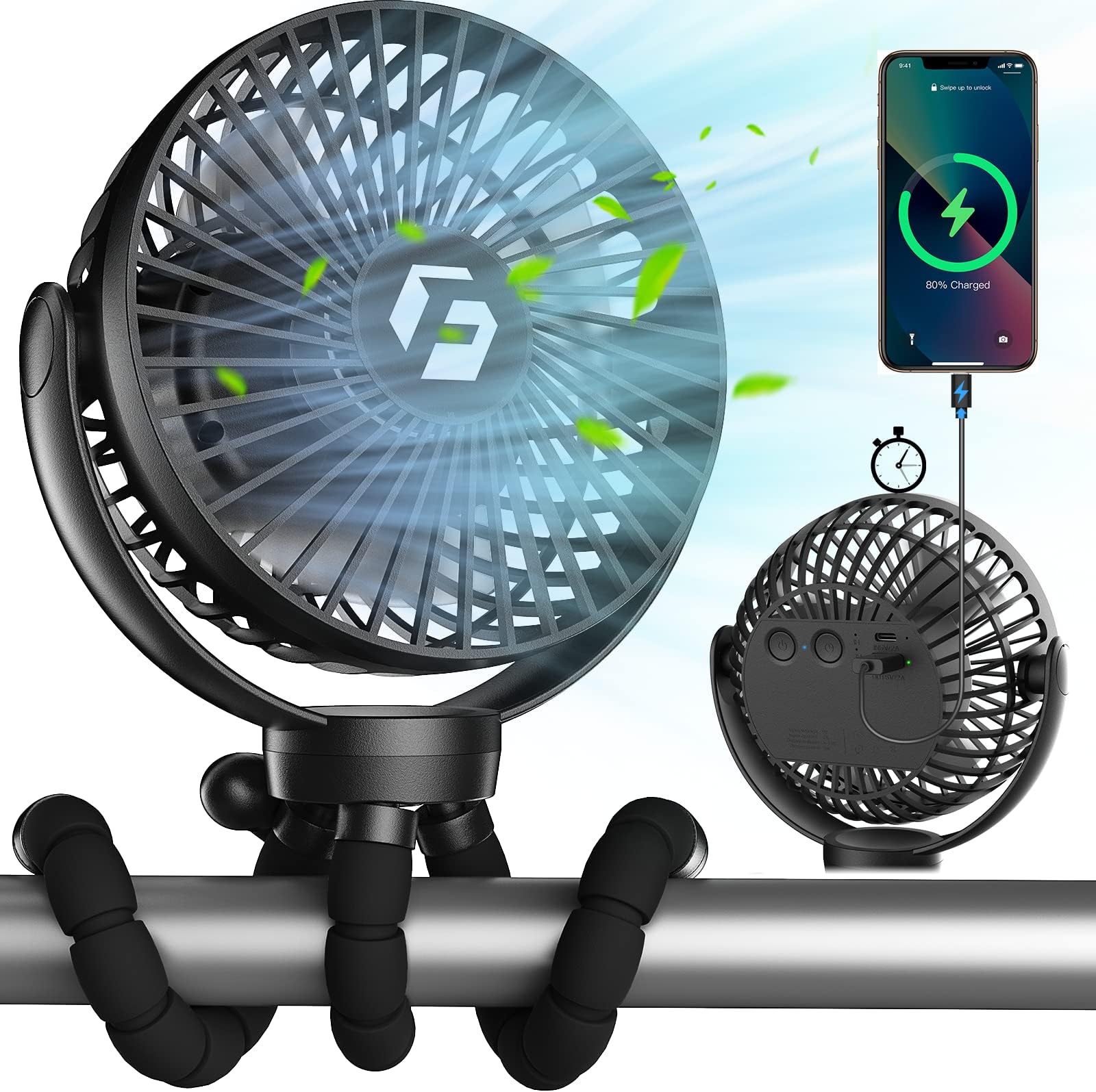 Stroller Fan, 12000mAh Rechargeable Fan Portable, Battery